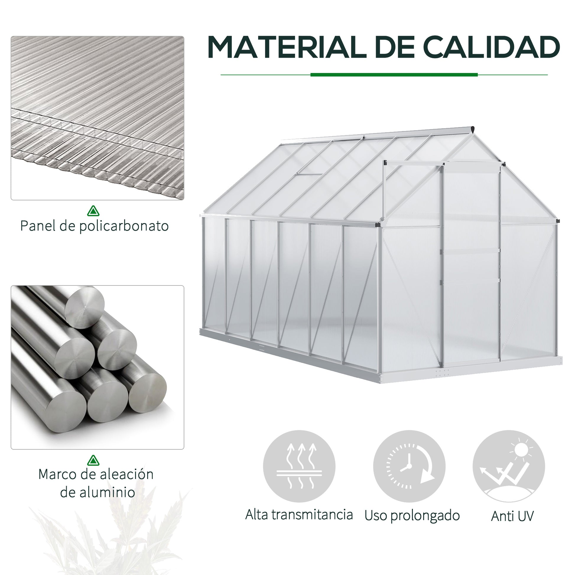 Outsunny Invernadero Policarbonato Aluminio de Jardín 190x375x199 cm 7,1m² Caseta de Exterior con Base Puerta Corredera y 2 Tragaluces para Cultivo Plantas Semillas Transparente