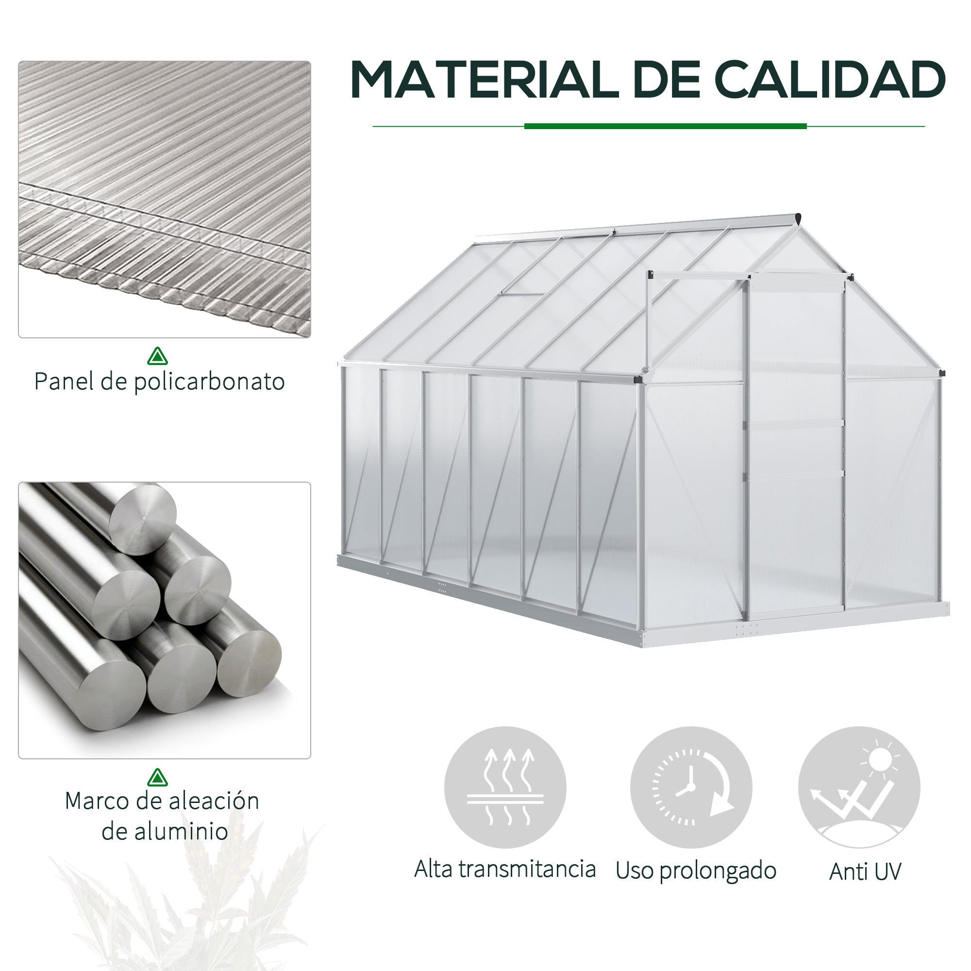 Outsunny Invernadero Policarbonato Aluminio de Jardín 190x375x199 cm 7,1m² Caseta de Exterior con Base Puerta Corredera y 2 Tragaluces para Cultivo Plantas Semillas Transparente