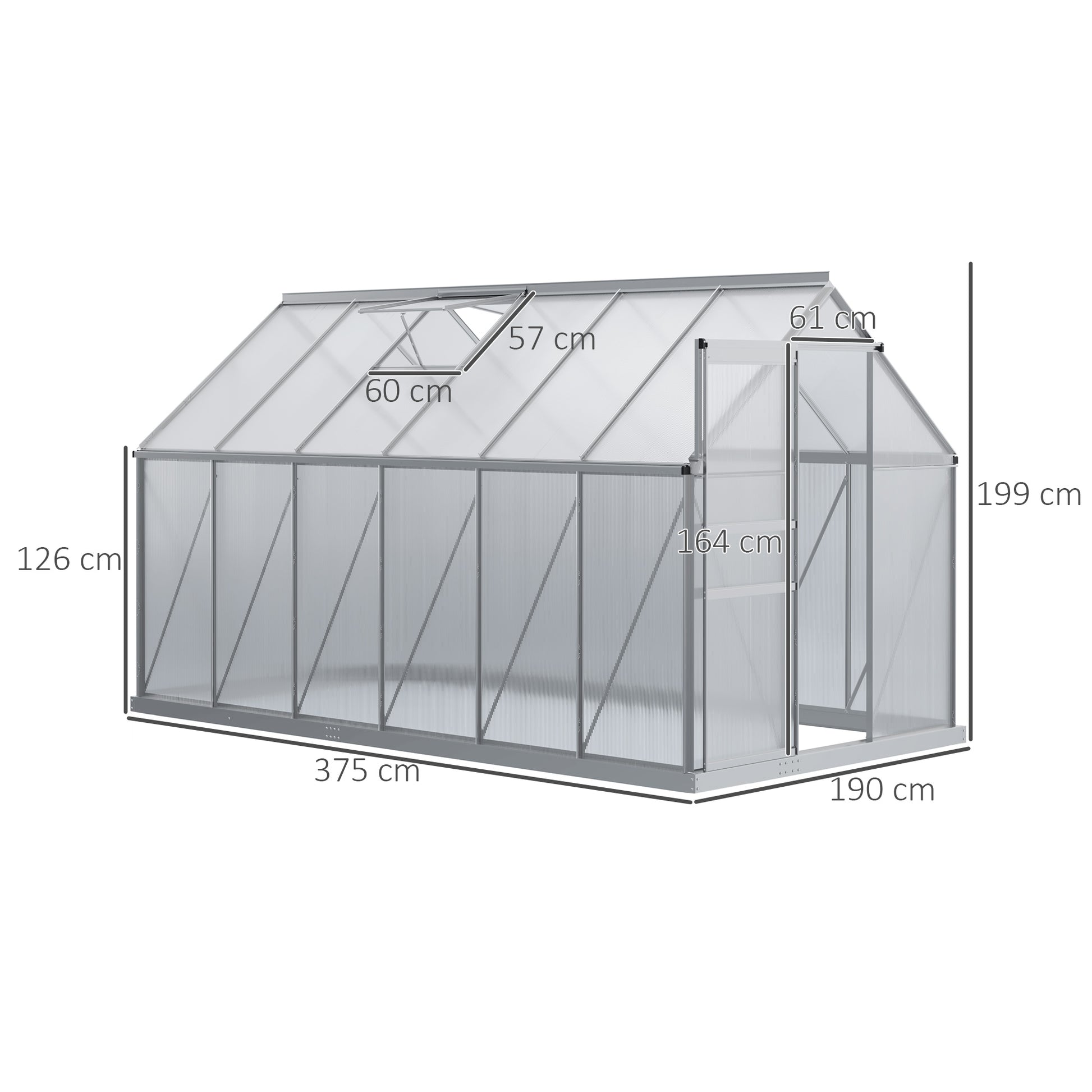 Outsunny Invernadero Policarbonato Aluminio de Jardín 190x375x199 cm 7,1m² Caseta de Exterior con Base Puerta Corredera y 2 Tragaluces para Cultivo Plantas Semillas Transparente