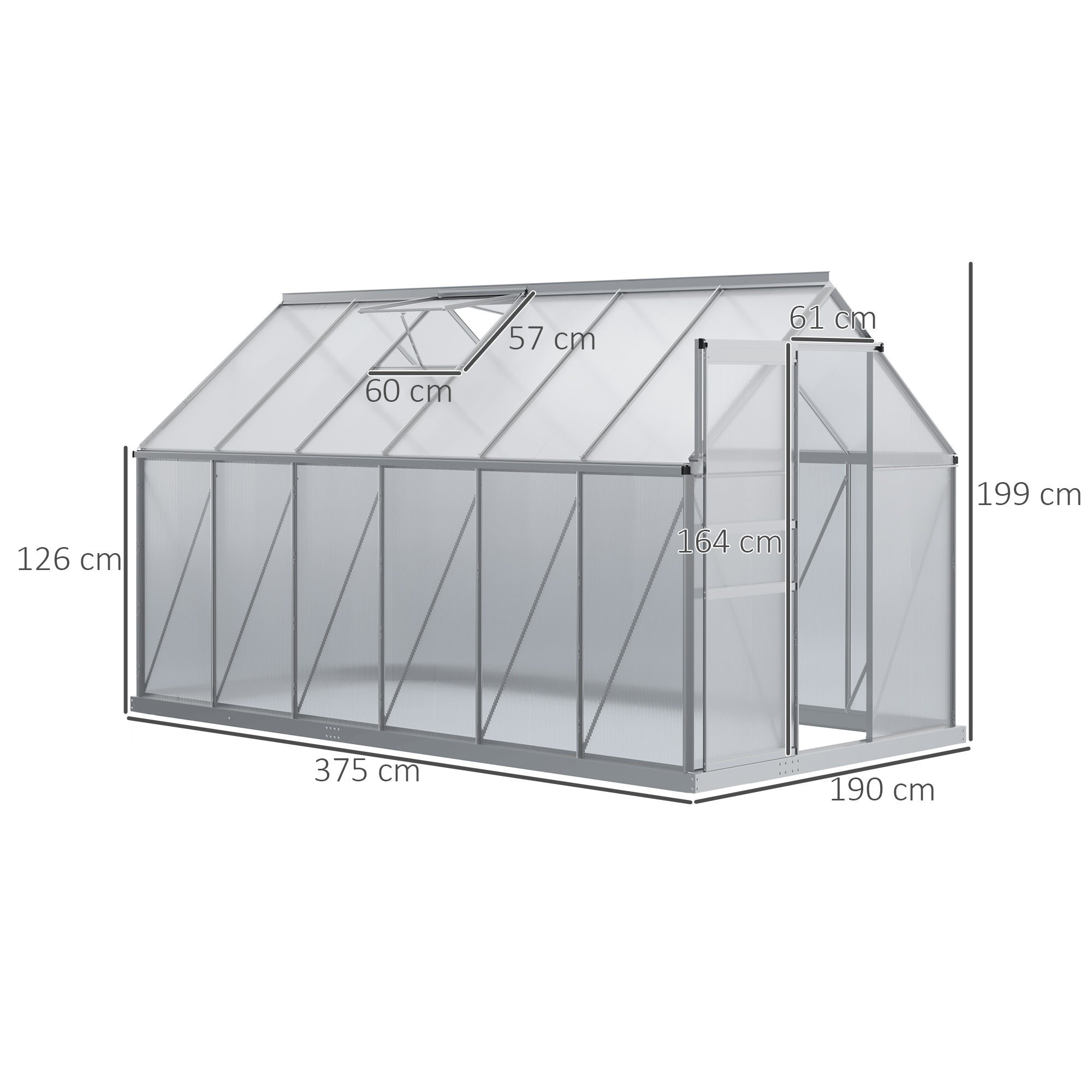 Outsunny Invernadero Policarbonato Aluminio de Jardín 190x375x199 cm 7,1m² Caseta de Exterior con Base Puerta Corredera y 2 Tragaluces para Cultivo Plantas Semillas Transparente