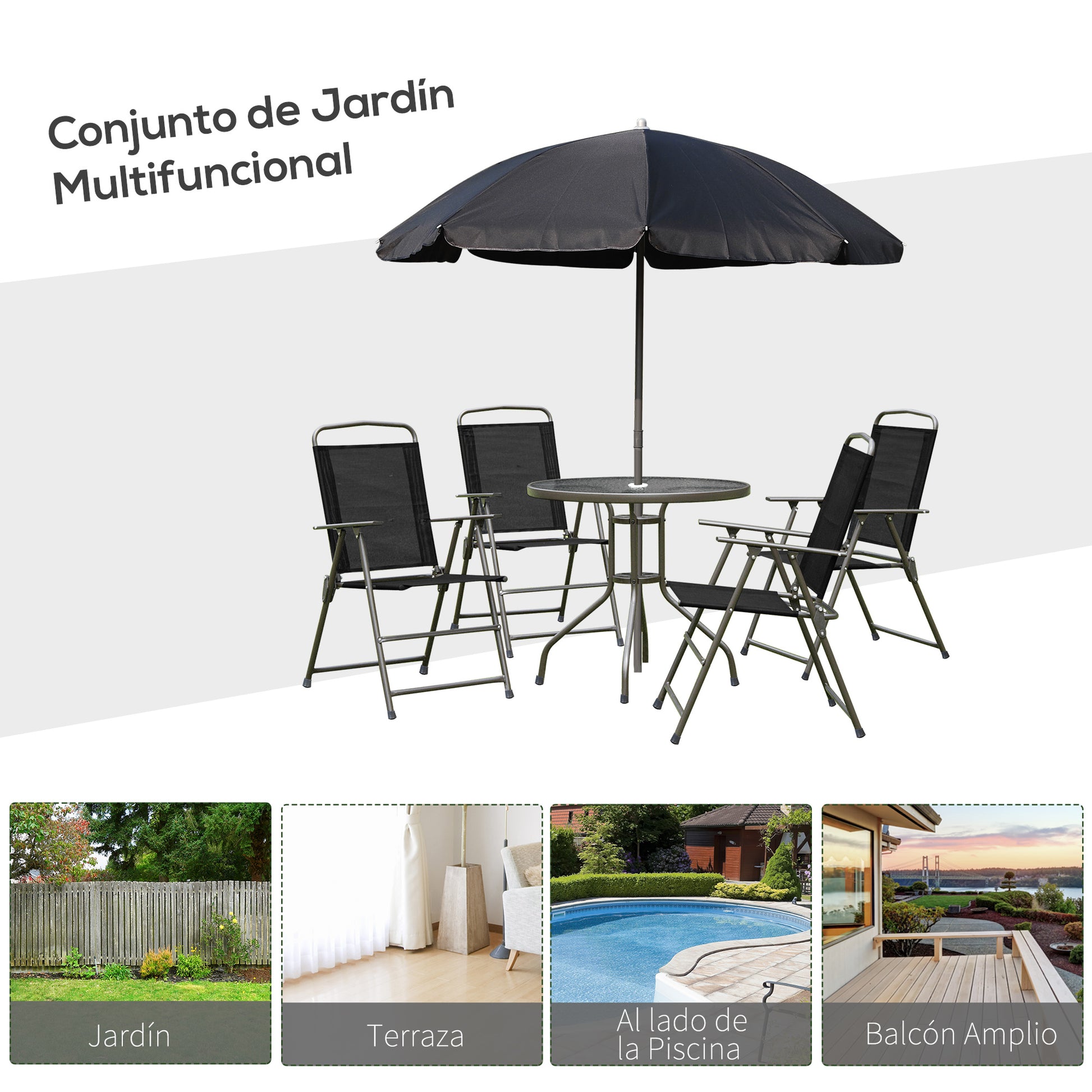 Outsunny Conjunto de Muebles para Jardín con 4 Sillas 1 Mesa y 1 Parasol Texteline Aluminio y Poliéster Negro