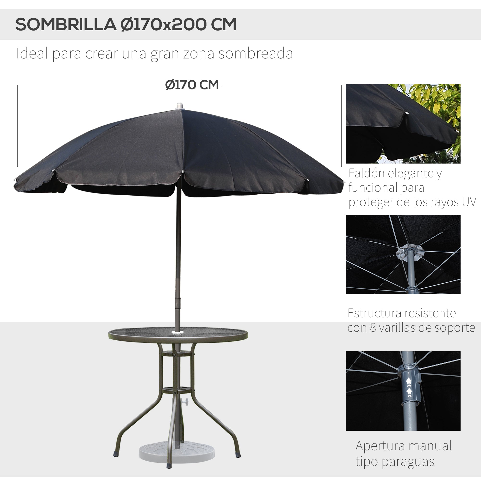 Outsunny Conjunto de Muebles para Jardín con 4 Sillas 1 Mesa y 1 Parasol Texteline Aluminio y Poliéster Negro