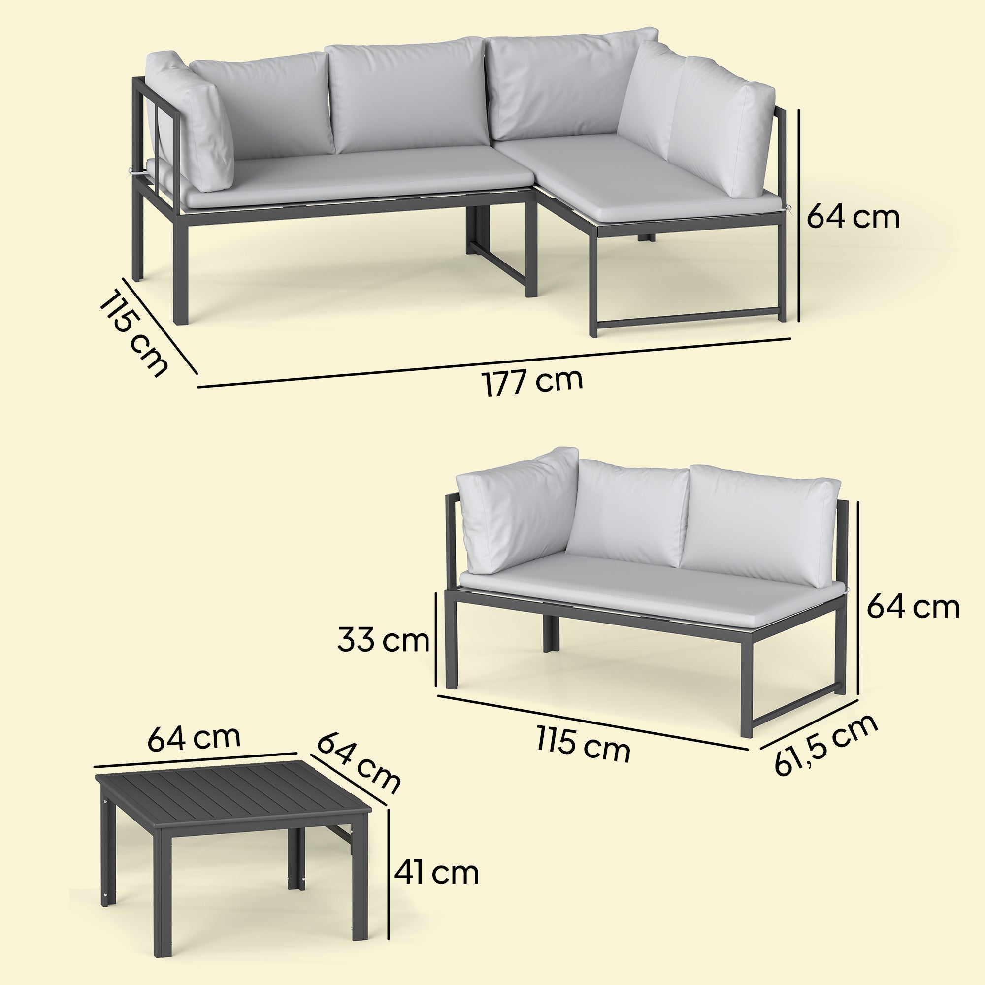 Outsunny Conjunto de Muebles Jardín Exterior de 3 Piezas, Sofá Exterior Seccional Resistente Forma de L con Cojines, 2 Sofás de 2 Plazas, Reposabrazos Ajustables y Mesa Centro de Listones, Gris