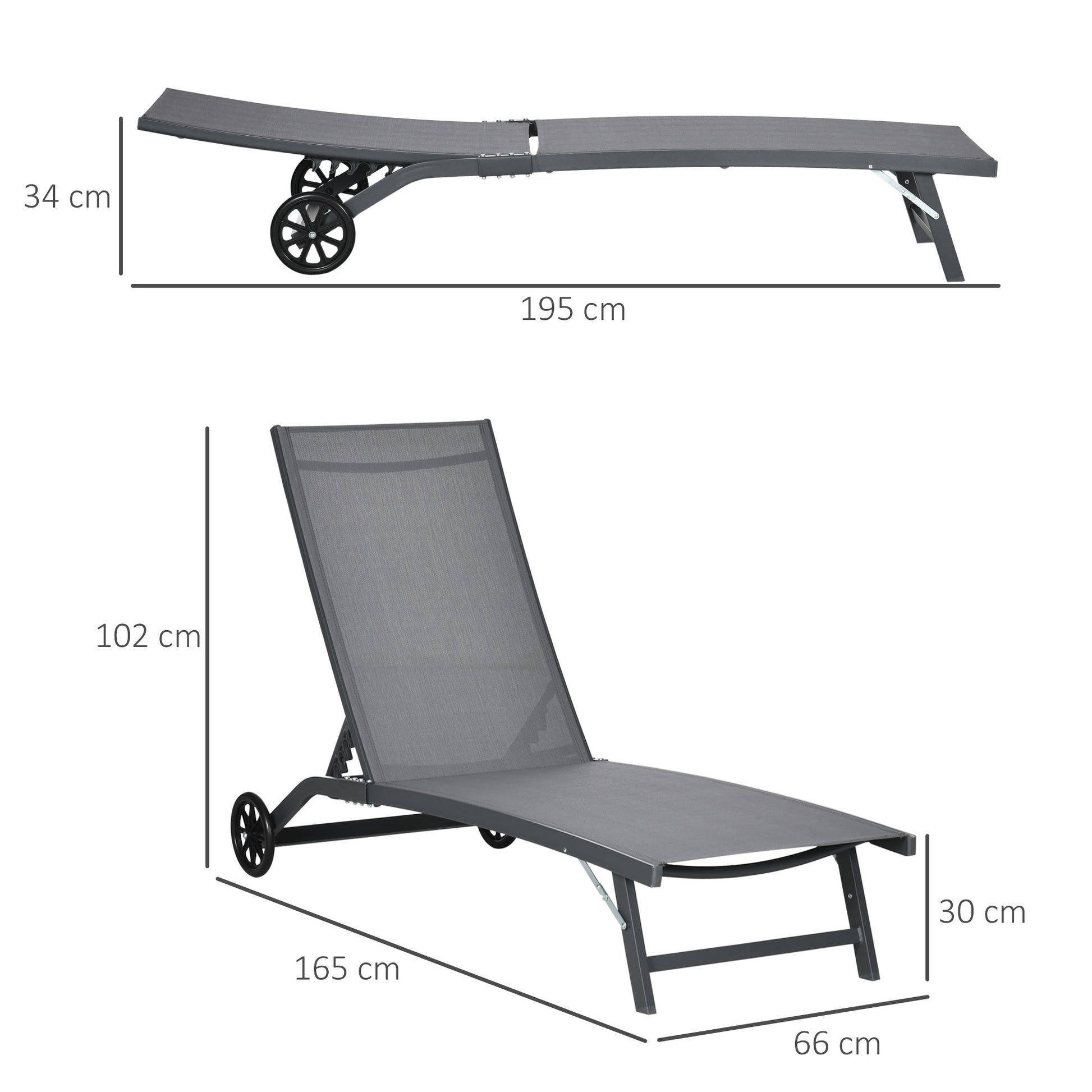 Outsunny Pack de 2 Tumbonas de Jardín Exterior Tumbonas Reclinables de Aluminio con Respaldo Ajustable de 5 Niveles y Ruedas para Playa Piscina 165x66x102 cm Gris Oscuro