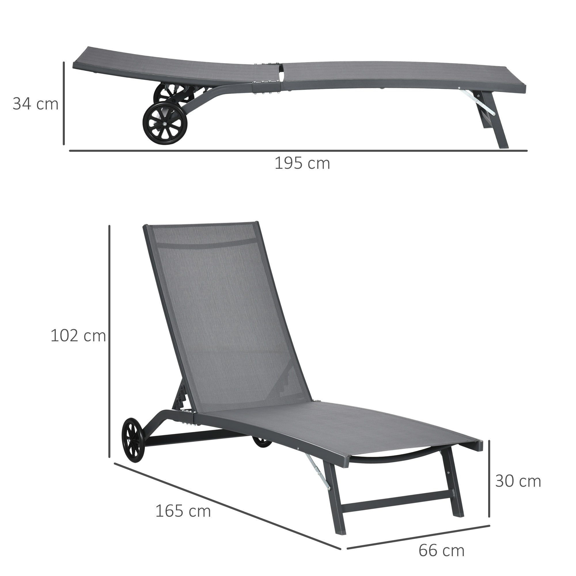Outsunny Pack de 2 Tumbonas de Jardín Exterior Tumbonas Reclinables de Aluminio con Respaldo Ajustable de 5 Niveles y Ruedas para Playa Piscina 165x66x102 cm Gris Oscuro