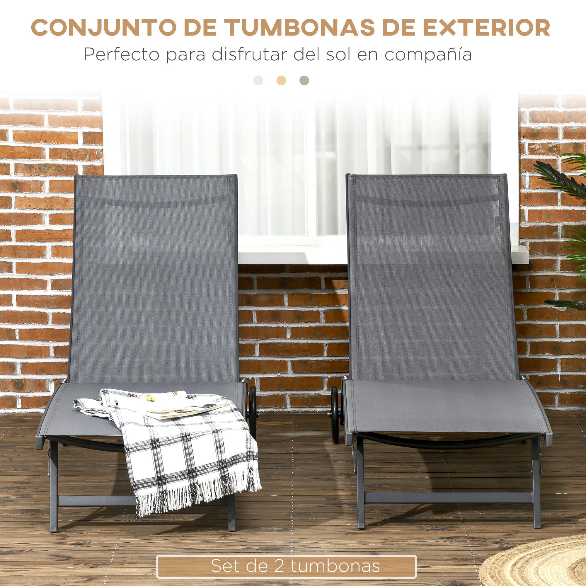 Outsunny Pack de 2 Tumbonas de Jardín Exterior Tumbonas Reclinables de Aluminio con Respaldo Ajustable de 5 Niveles y Ruedas para Playa Piscina 165x66x102 cm Gris Oscuro