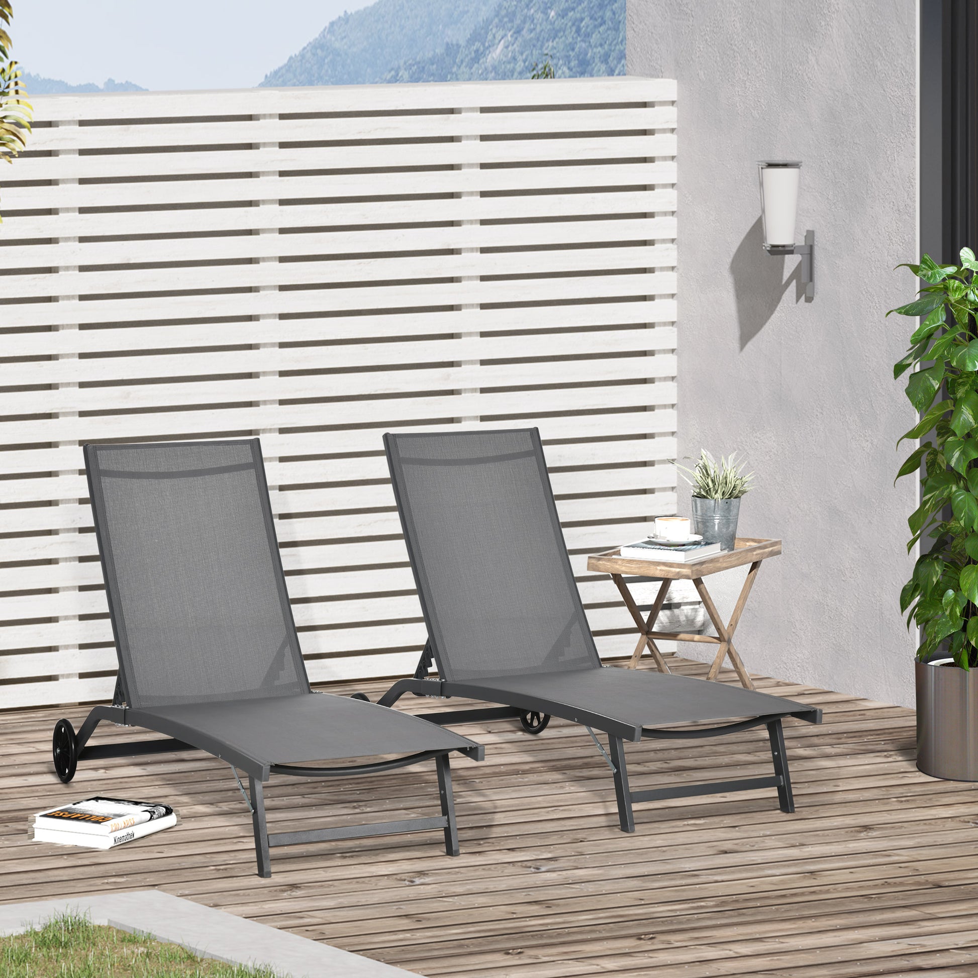 Outsunny Pack de 2 Tumbonas de Jardín Exterior Tumbonas Reclinables de Aluminio con Respaldo Ajustable de 5 Niveles y Ruedas para Playa Piscina 165x66x102 cm Gris Oscuro