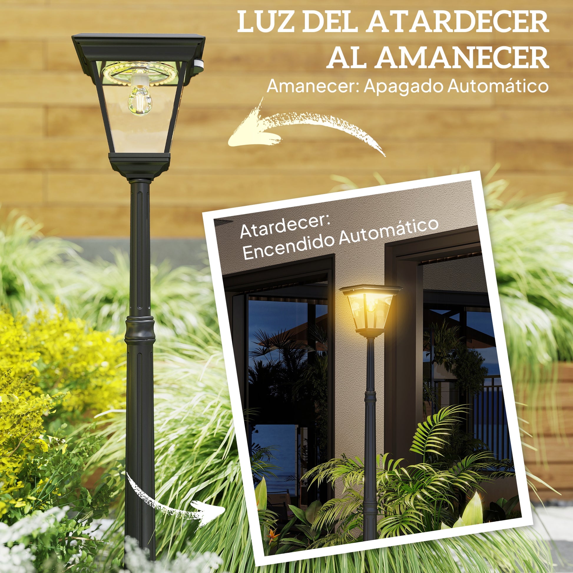 Outsunny Farola Solar Exterior Luz Solar Exterior Jardín de Aluminio y Vidrio con Panel Solar Luces LED Encendido y Apagado Automático Sensor de Movimiento Impermeable IP44 para Terraza 26x24x220 cm