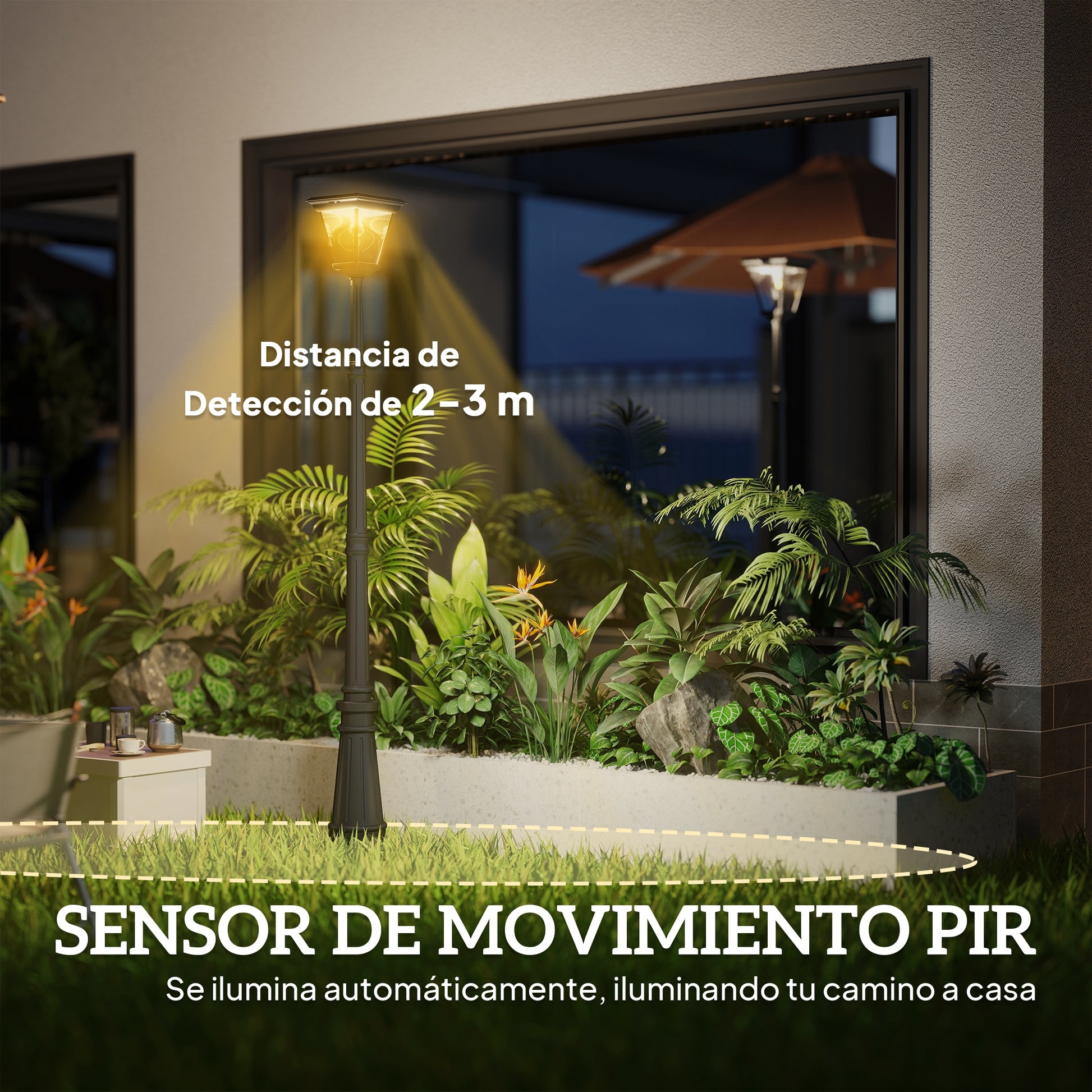 Outsunny Farola Solar Exterior Luz Solar Exterior Jardín de Aluminio y Vidrio con Panel Solar Luces LED Encendido y Apagado Automático Sensor de Movimiento Impermeable IP44 para Terraza 26x24x220 cm