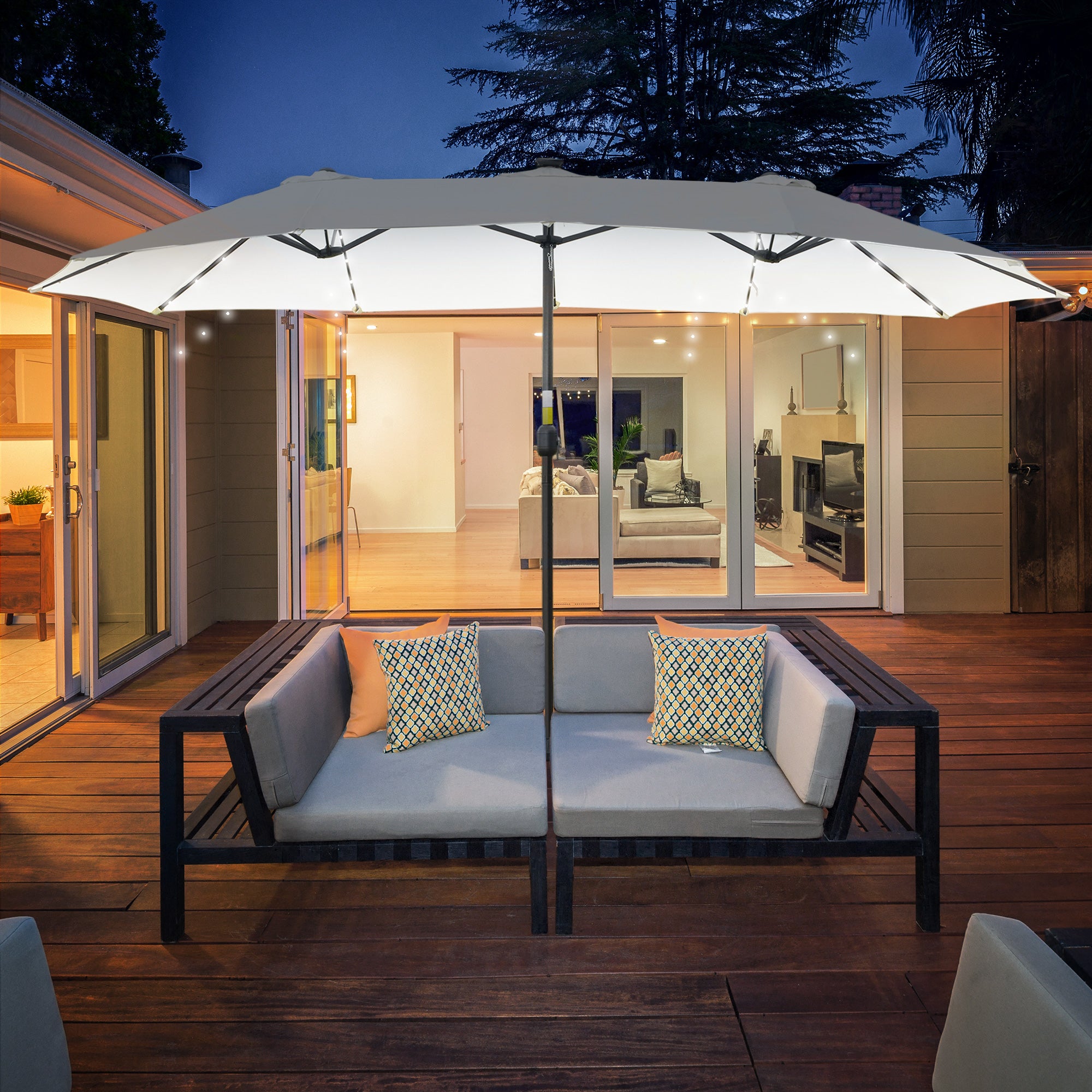 Outsunny Sombrilla Doble con 48 Luces LED, 4,5x2,65 m, Sombrilla Terraza Exterior con Manivela Manual, Resistente al Agua y Protección Solar, Parasol para Jardín, Terraza, Patio y Piscina, Crema