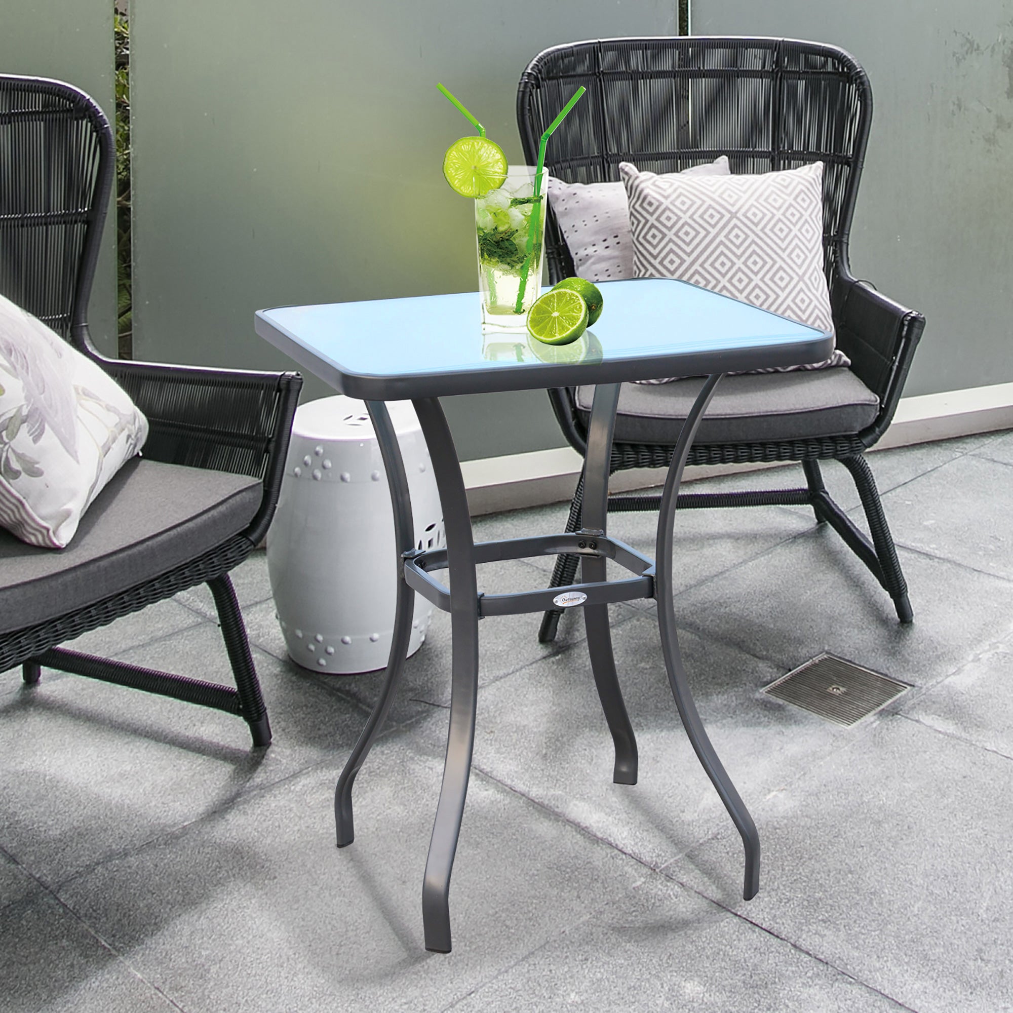 Outsunny Mesa Auxiliar de Cristal Templado Cuadrada Bordes Redondeados Mesita Café para Patio Terraza Balcón Negro y Transparente 68,5x68,5x84 cm