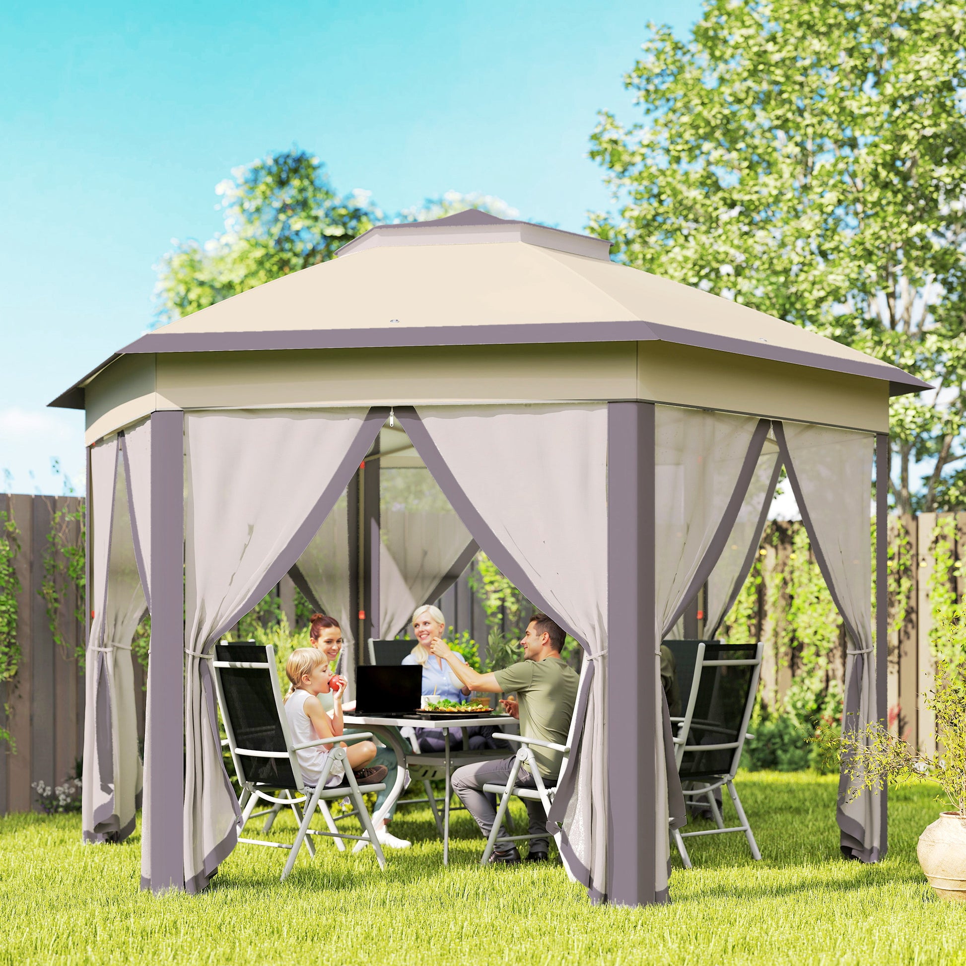 Outsunny Carpa Plegable 4x3,4 m, Cenador de Jardín Hexagonal con Doble Techo, 6 Mosquiteras Extraíbles y Bolsa de Transporte, Impermeable, Anti-UV para Exterior, Fiestas, Marrón y Beige