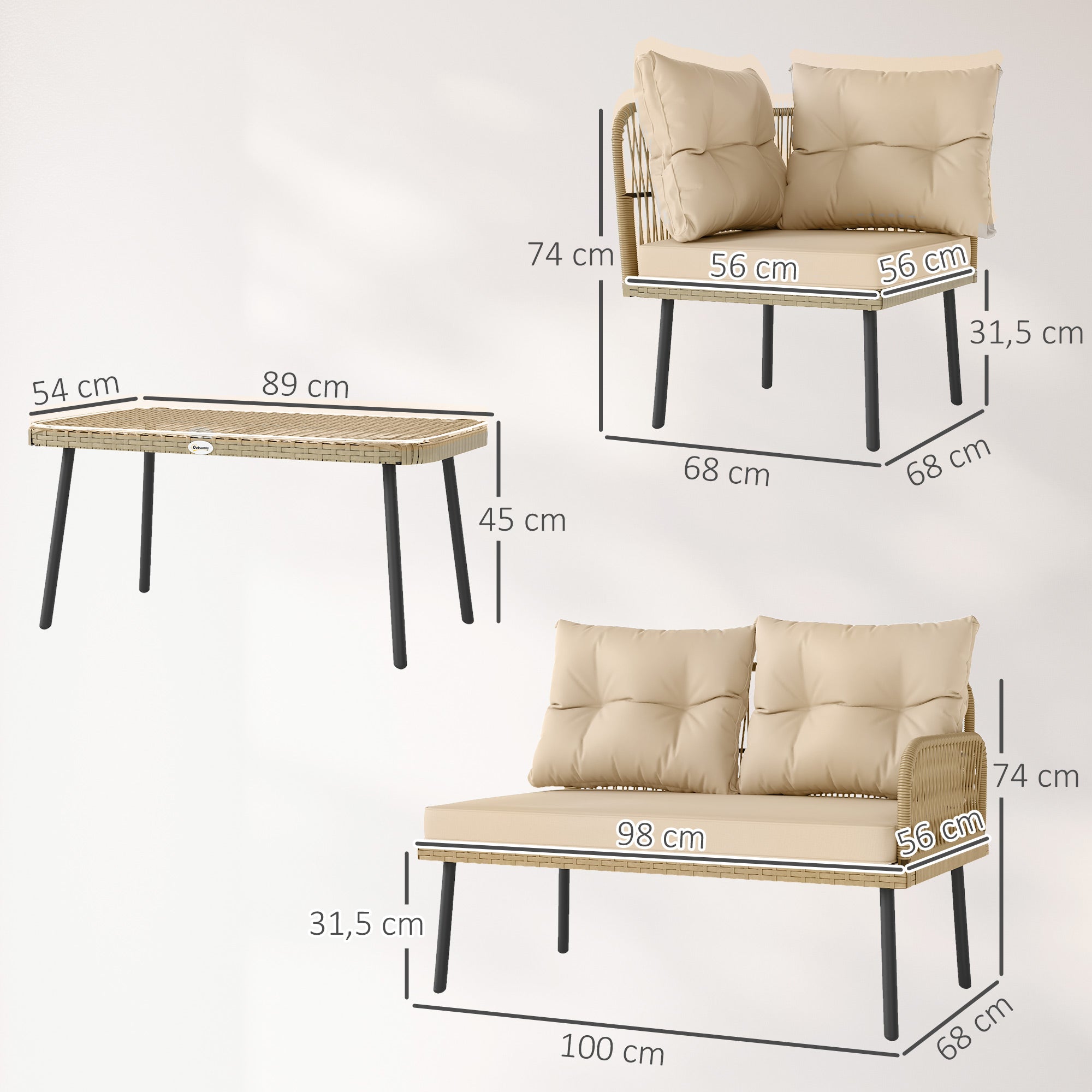 Outsunny Conjunto de Jardín Exterior de Ratán Sintético de 4 Piezas Muebles de Jardín Exterior en Forma de L Incluye 2 Sofás de 2 Plazas 1 Sillón Esquinero 1 Mesa de Centro con Cojines Natural