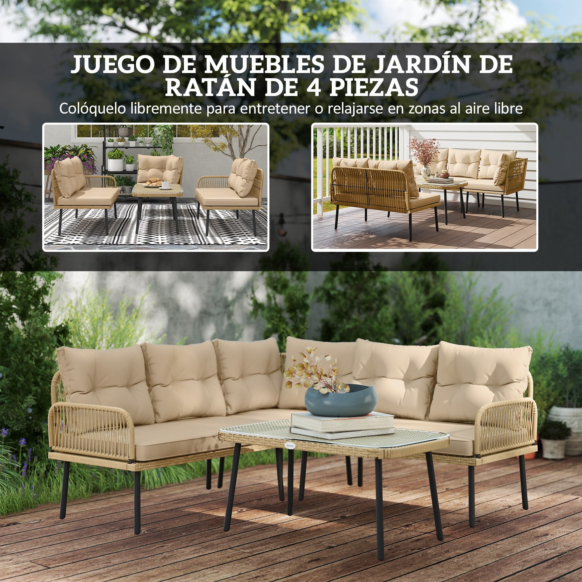 Outsunny Conjunto de Jardín Exterior de Ratán Sintético de 4 Piezas Muebles de Jardín Exterior en Forma de L Incluye 2 Sofás de 2 Plazas 1 Sillón Esquinero 1 Mesa de Centro con Cojines Natural
