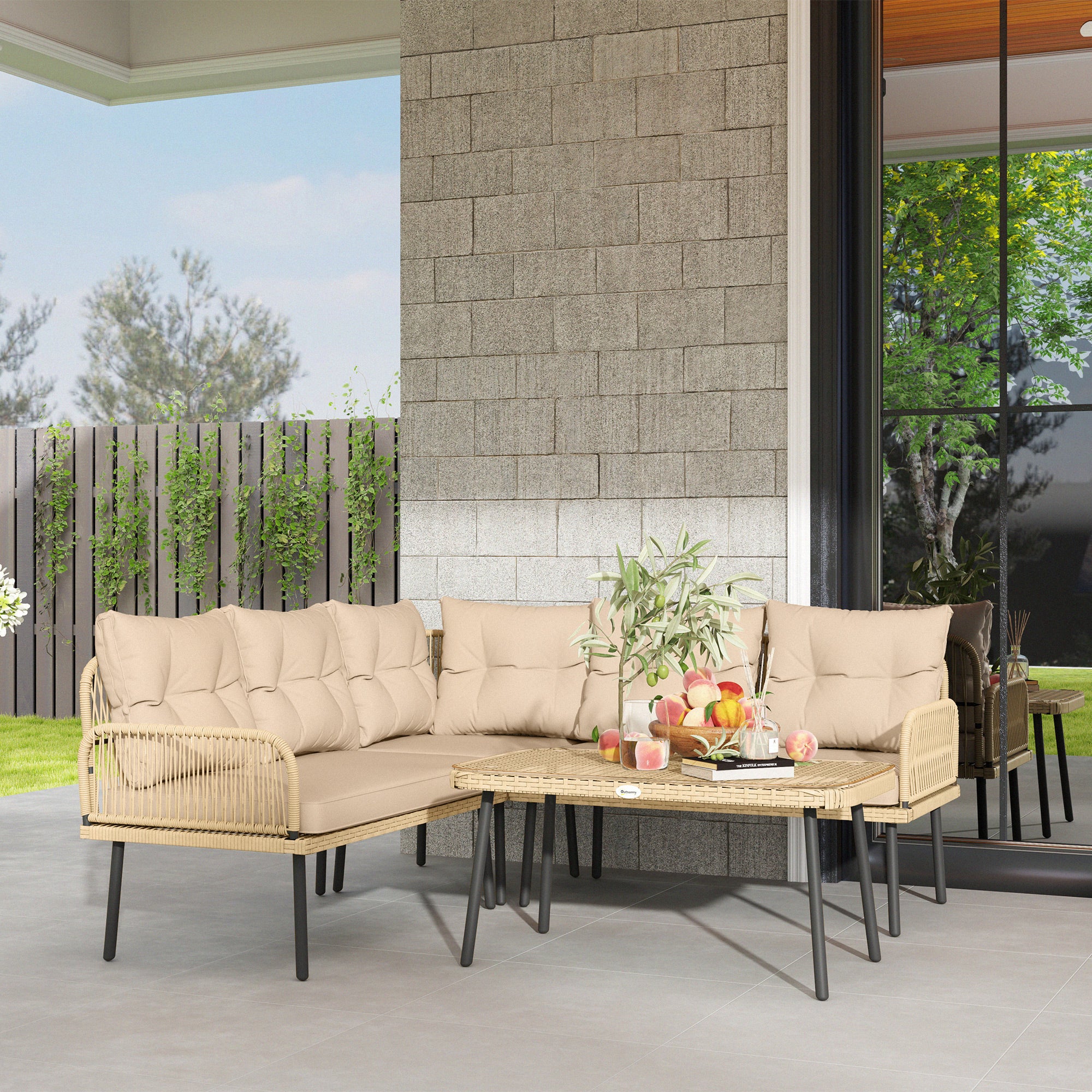 Outsunny Conjunto de Jardín Exterior de Ratán Sintético de 4 Piezas Muebles de Jardín Exterior en Forma de L Incluye 2 Sofás de 2 Plazas 1 Sillón Esquinero 1 Mesa de Centro con Cojines Natural