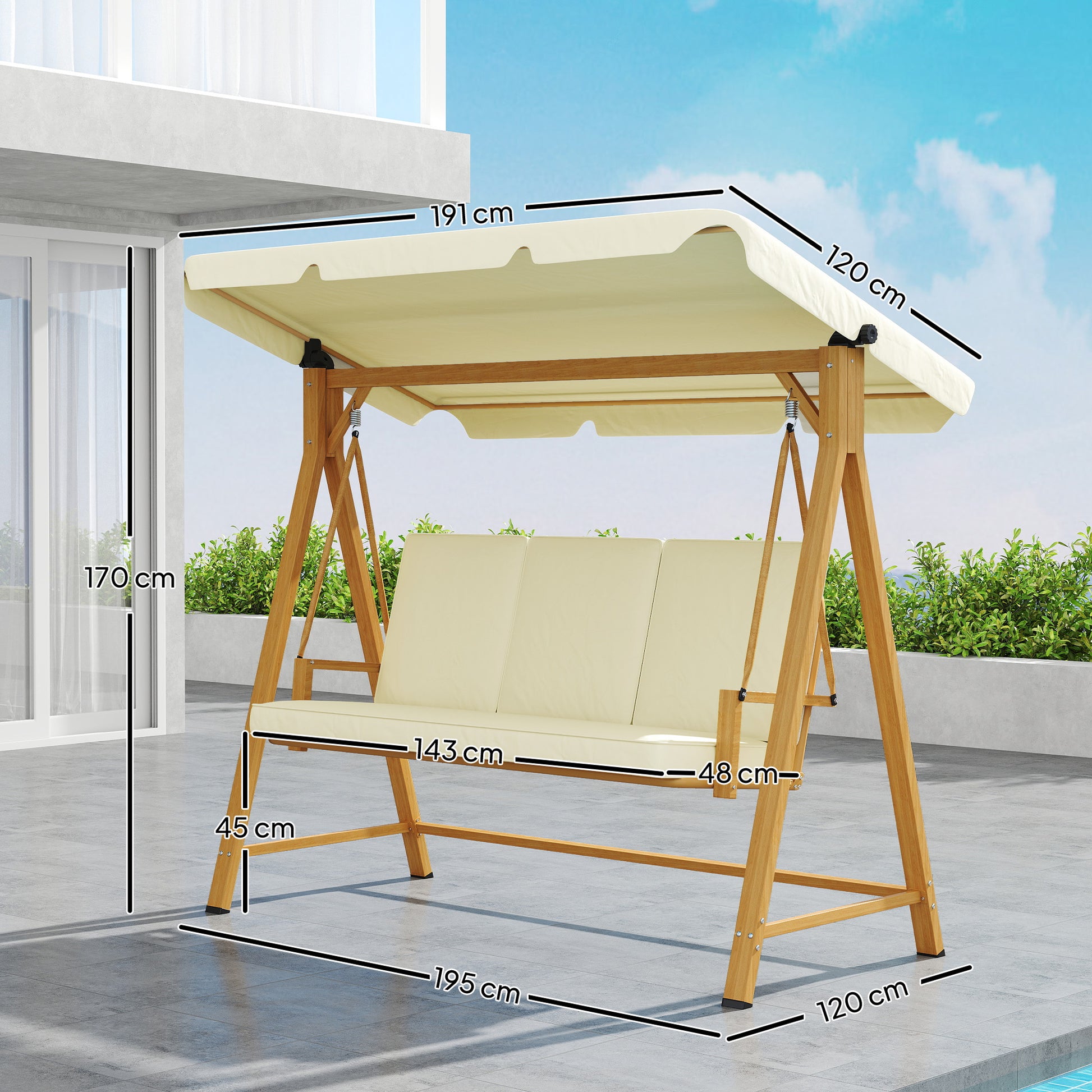 Outsunny Balancín de Jardín Exterior con Toldo Ajustable de 3 Plazas Columpio de Jardín Exterior con Cojines y Estructura con Veta de Madera Carga 330 kg 195x120x170 cm Beige