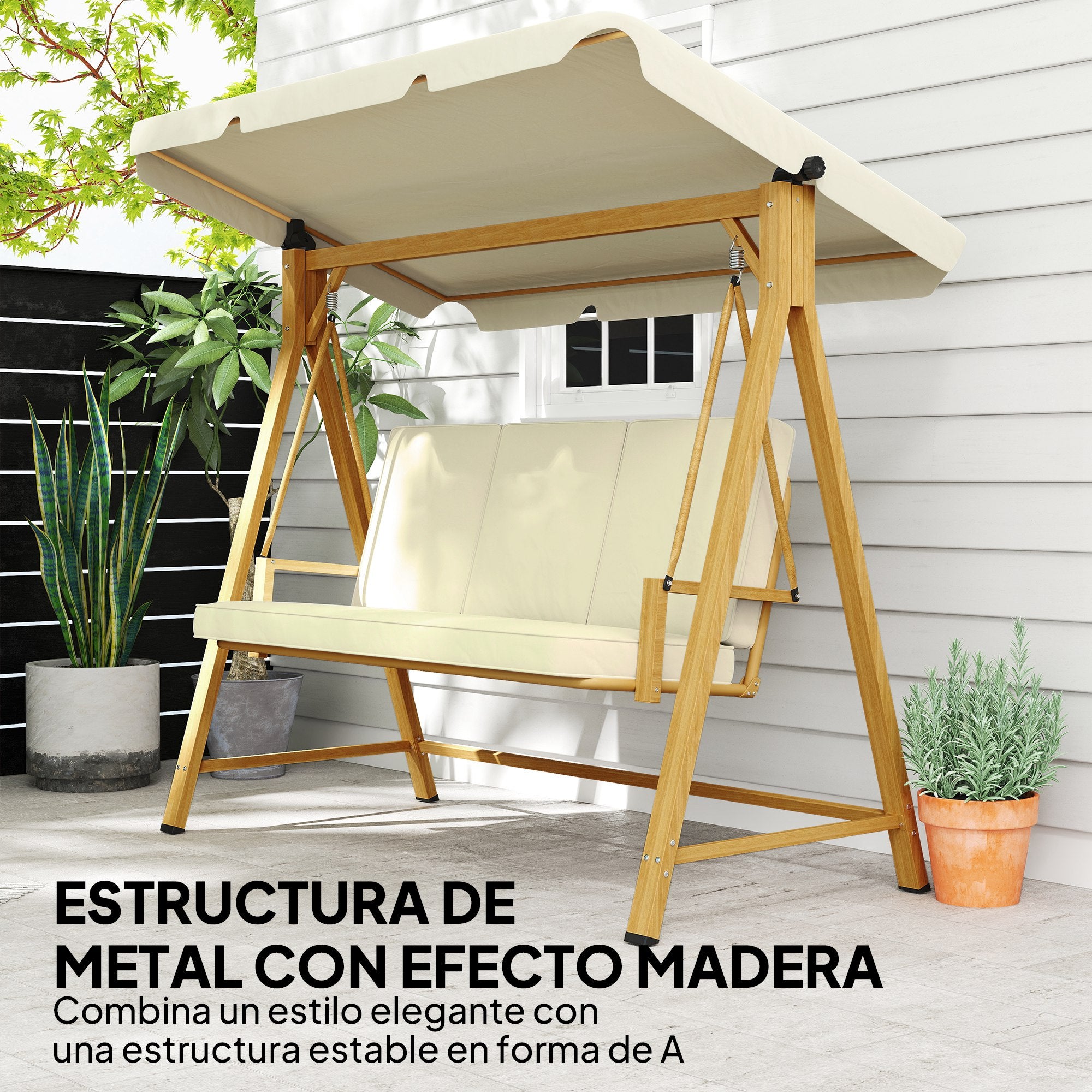 Outsunny Balancín de Jardín Exterior con Toldo Ajustable de 3 Plazas Columpio de Jardín Exterior con Cojines y Estructura con Veta de Madera Carga 330 kg 195x120x170 cm Beige