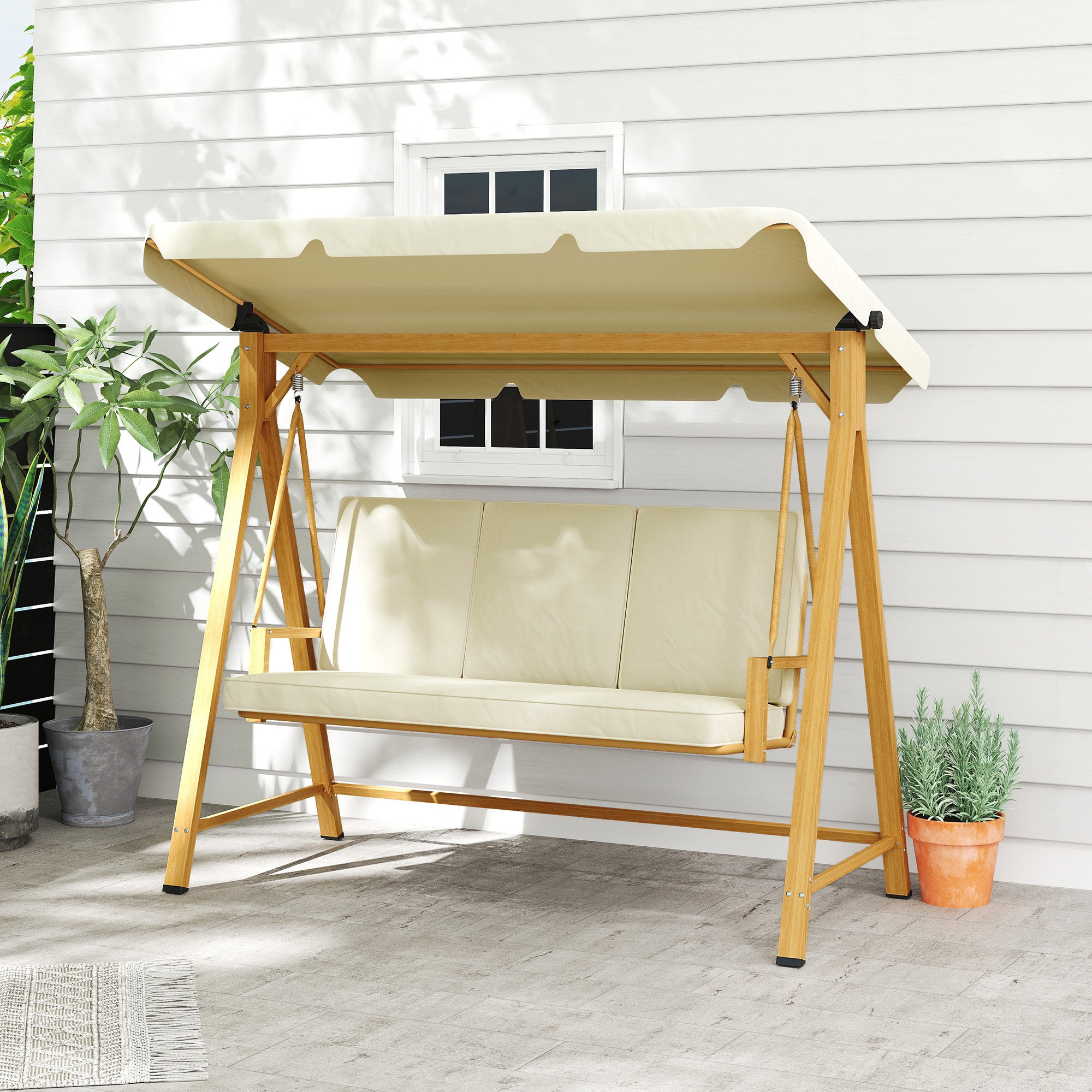 Outsunny Balancín de Jardín Exterior con Toldo Ajustable de 3 Plazas Columpio de Jardín Exterior con Cojines y Estructura con Veta de Madera Carga 330 kg 195x120x170 cm Beige