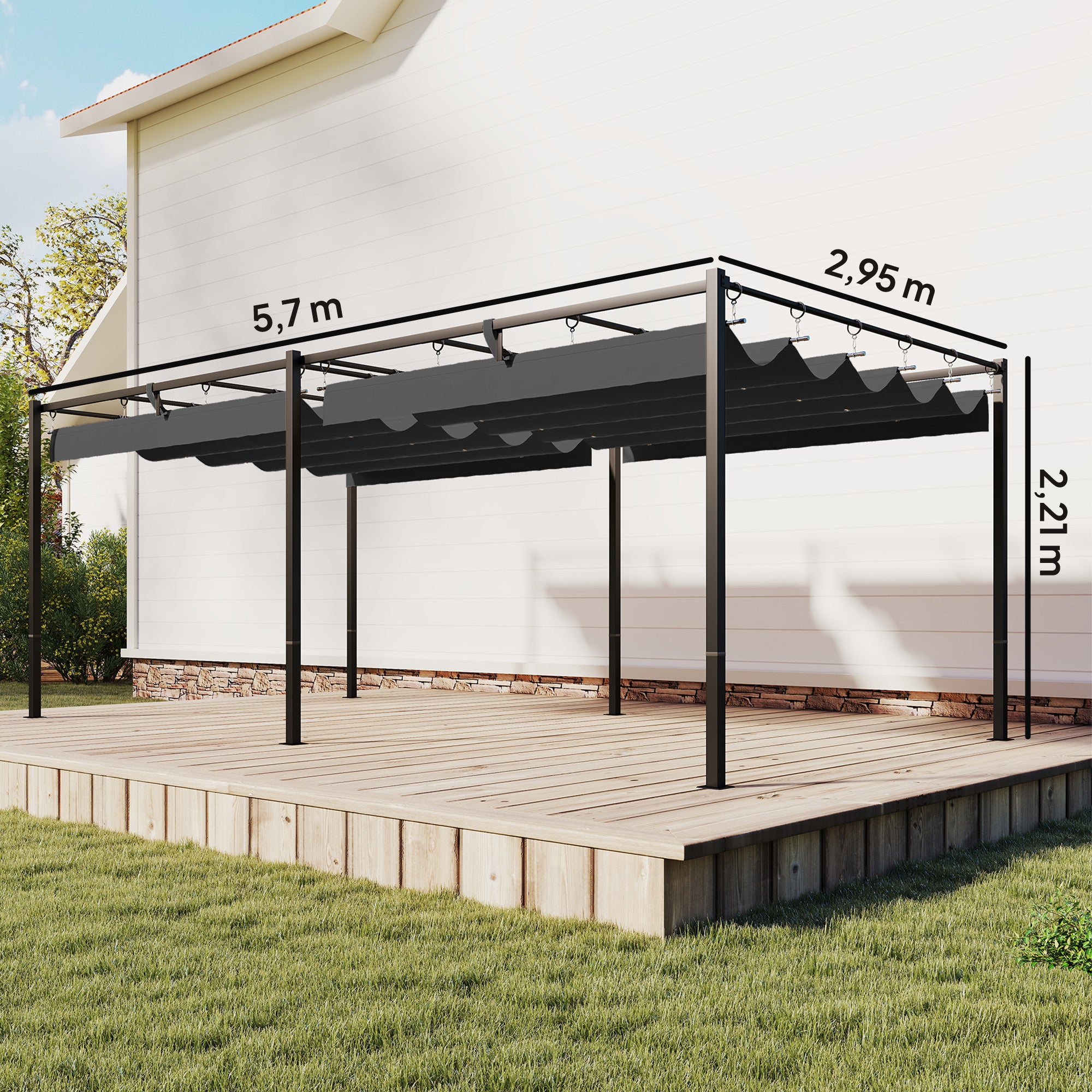 Outsunny Pérgola de Jardín 6x3 m con Techo Retráctil, Cenador de Jardín con Protección UPF50+, Drenaje, Estructura Metálica, Pabellón para Patio, Terraza, Exterior, Gris Oscuro