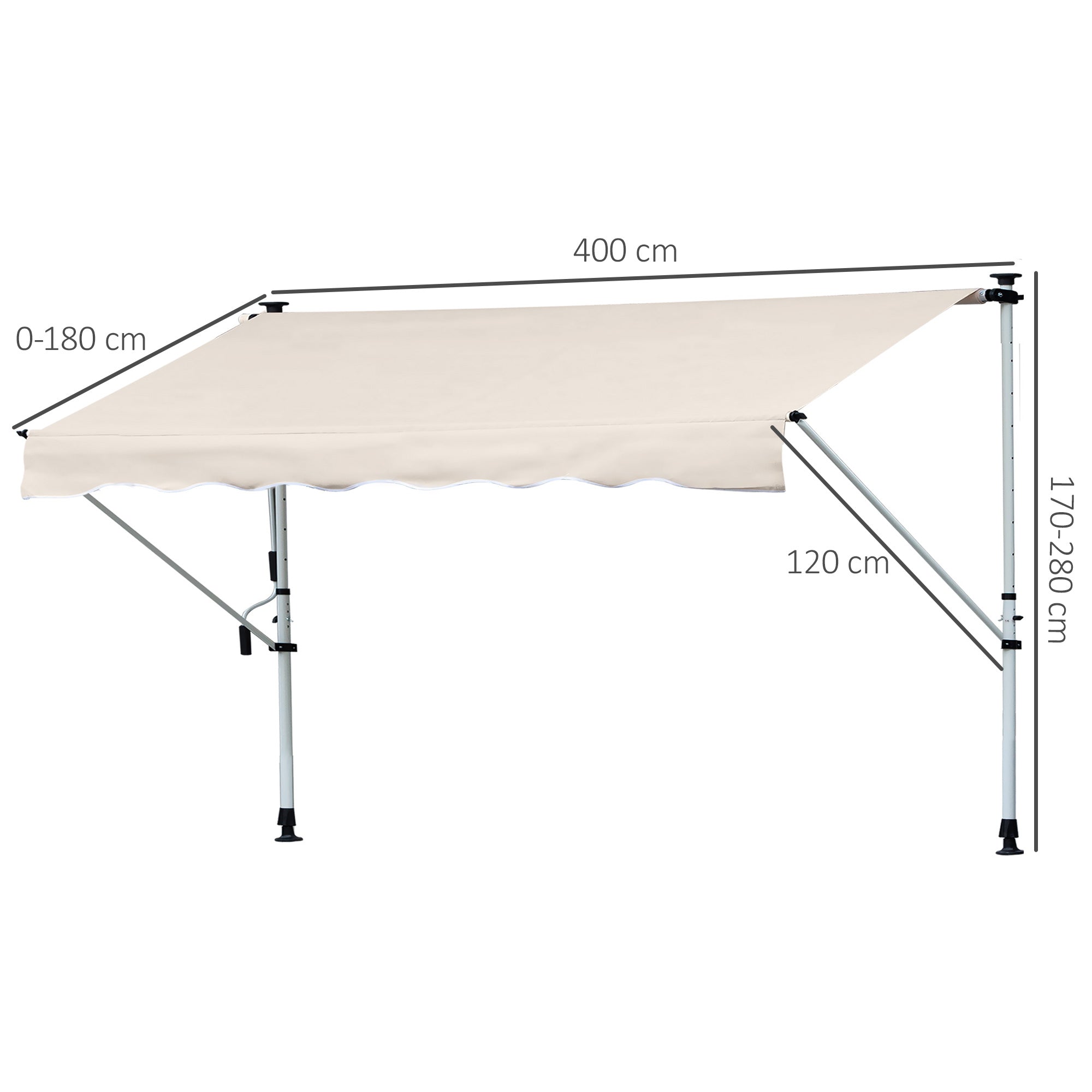 Outsunny Toldo Manual Retráctil 4x1,2 m Toldo Exterior Terraza Enrollable Altura Ajustable con Manivela 170-280 cm Sin Taladro para Balcón Jardín Beige