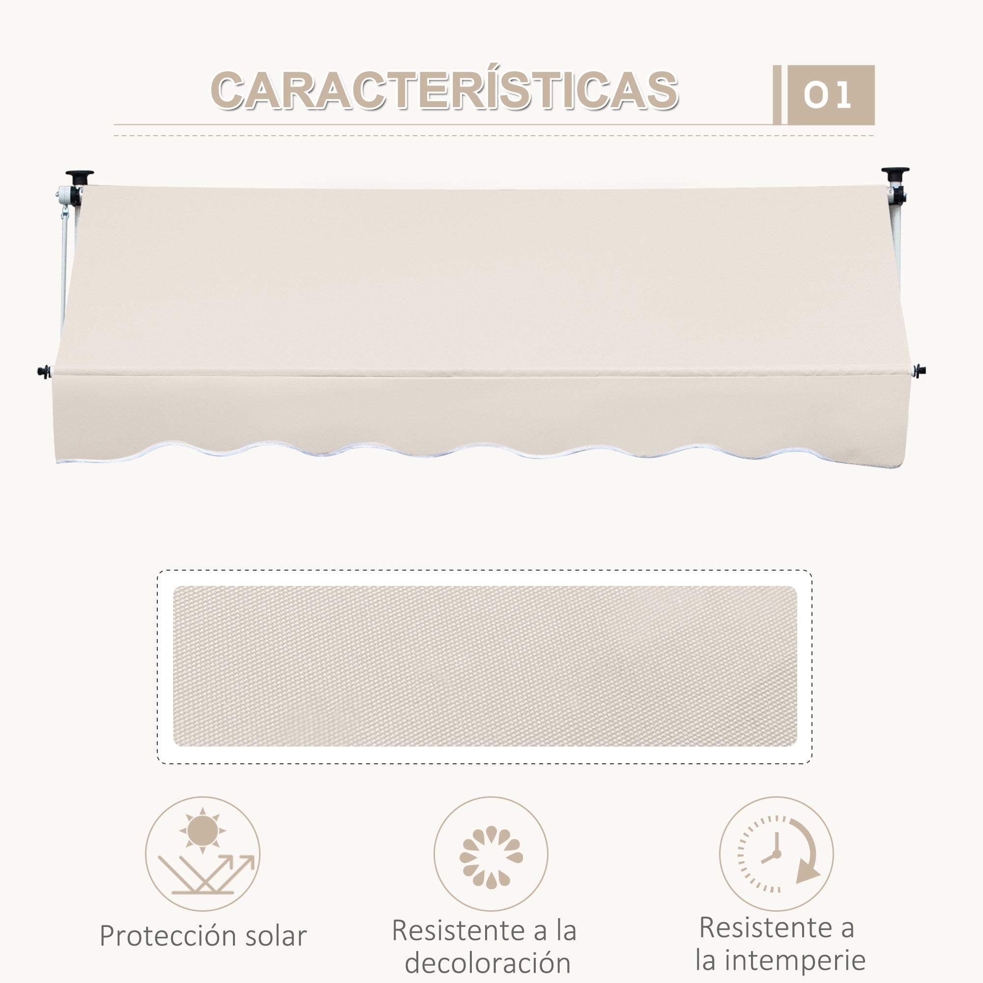 Outsunny Toldo Manual Retráctil 4x1,2 m Toldo Exterior Terraza Enrollable Altura Ajustable con Manivela 170-280 cm Sin Taladro para Balcón Jardín Beige