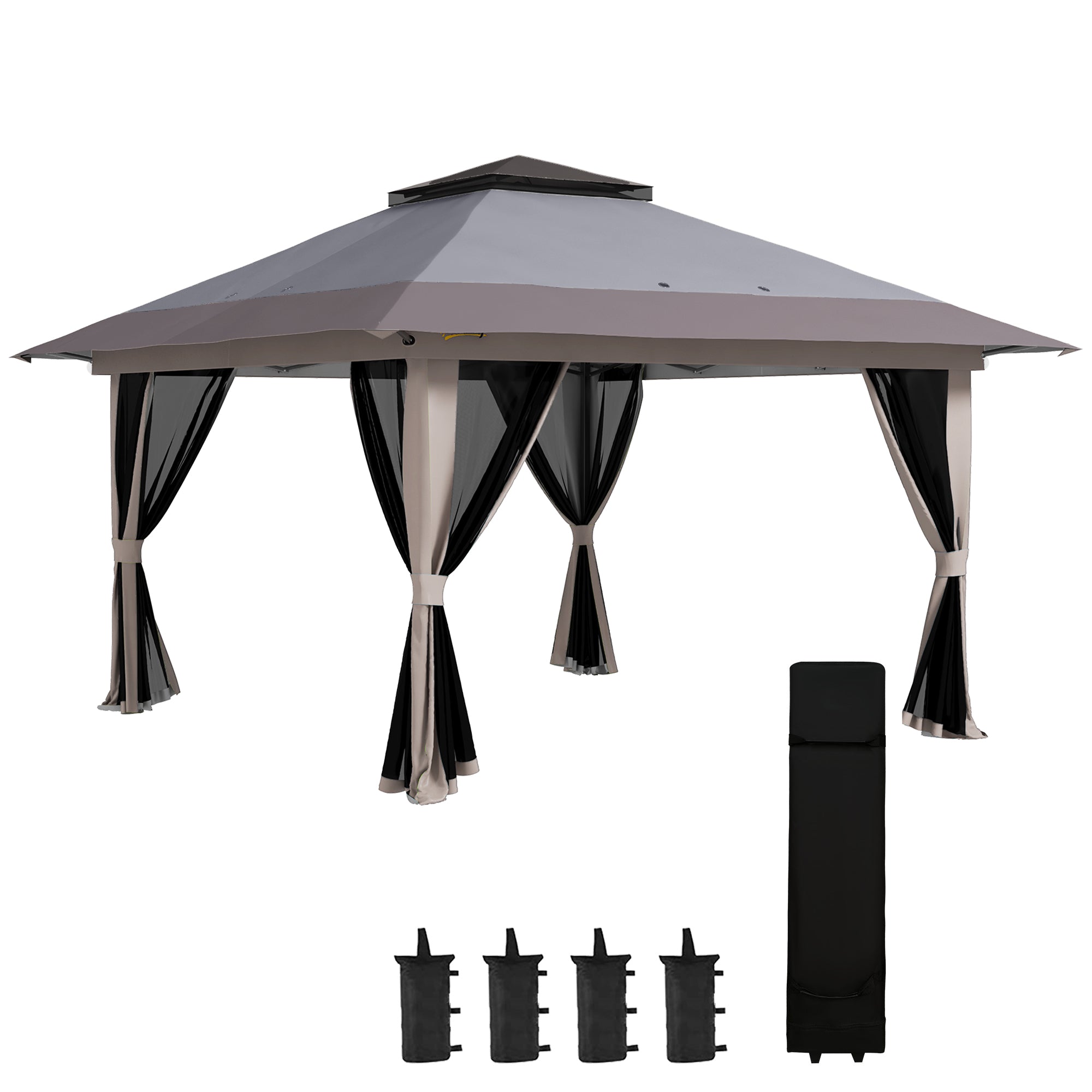 Outsunny Carpa Plegable Pop-up 4x4x2,8 m Cenador de Jardín con Paredes Altura Ajustable Anti-UV Impermeable Doble Techo Mosquiteras y Bolsa de Ruedas Gazebo para Exterior Fiestas Camping Gris Claro