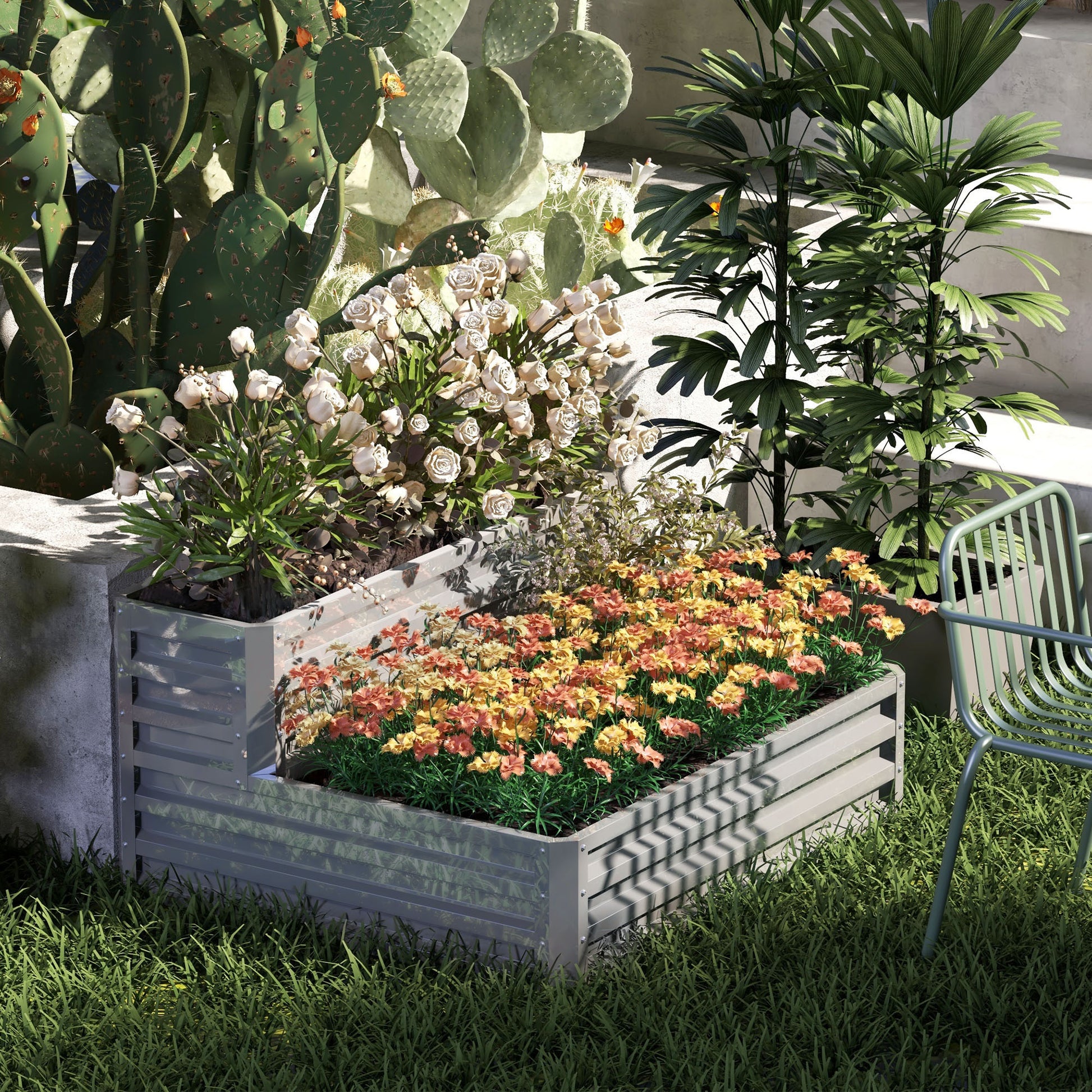 Outsunny Huerto Urbano de 2 Niveles de Acero Galvanizado, Jardinera Exterior con Diseño de Escalera y Fondo Abierto para Cultivos, Plantas, Herbaria, para Terraza, Jardín, 120x101x58 cm, Plateado