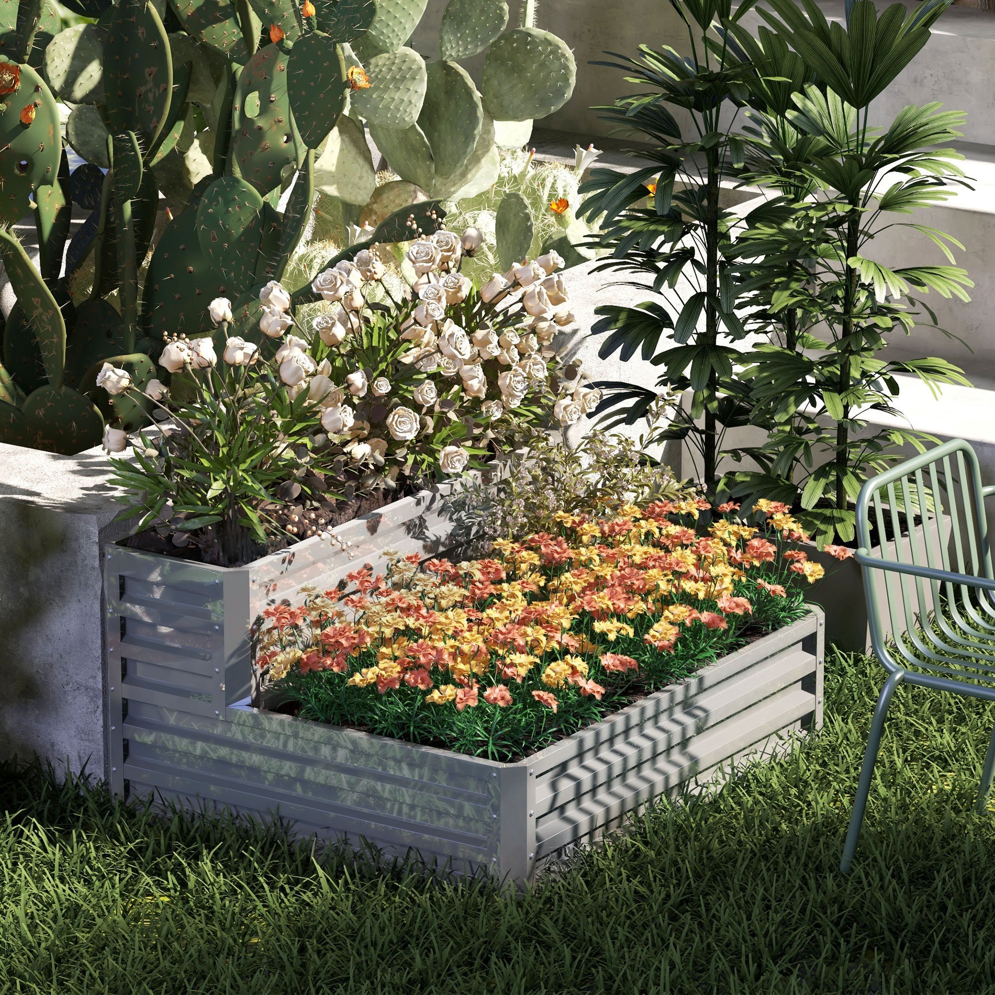 Outsunny Huerto Urbano de 2 Niveles de Acero Galvanizado, Jardinera Exterior con Diseño de Escalera y Fondo Abierto para Cultivos, Plantas, Herbaria, para Terraza, Jardín, 120x101x58 cm, Plateado