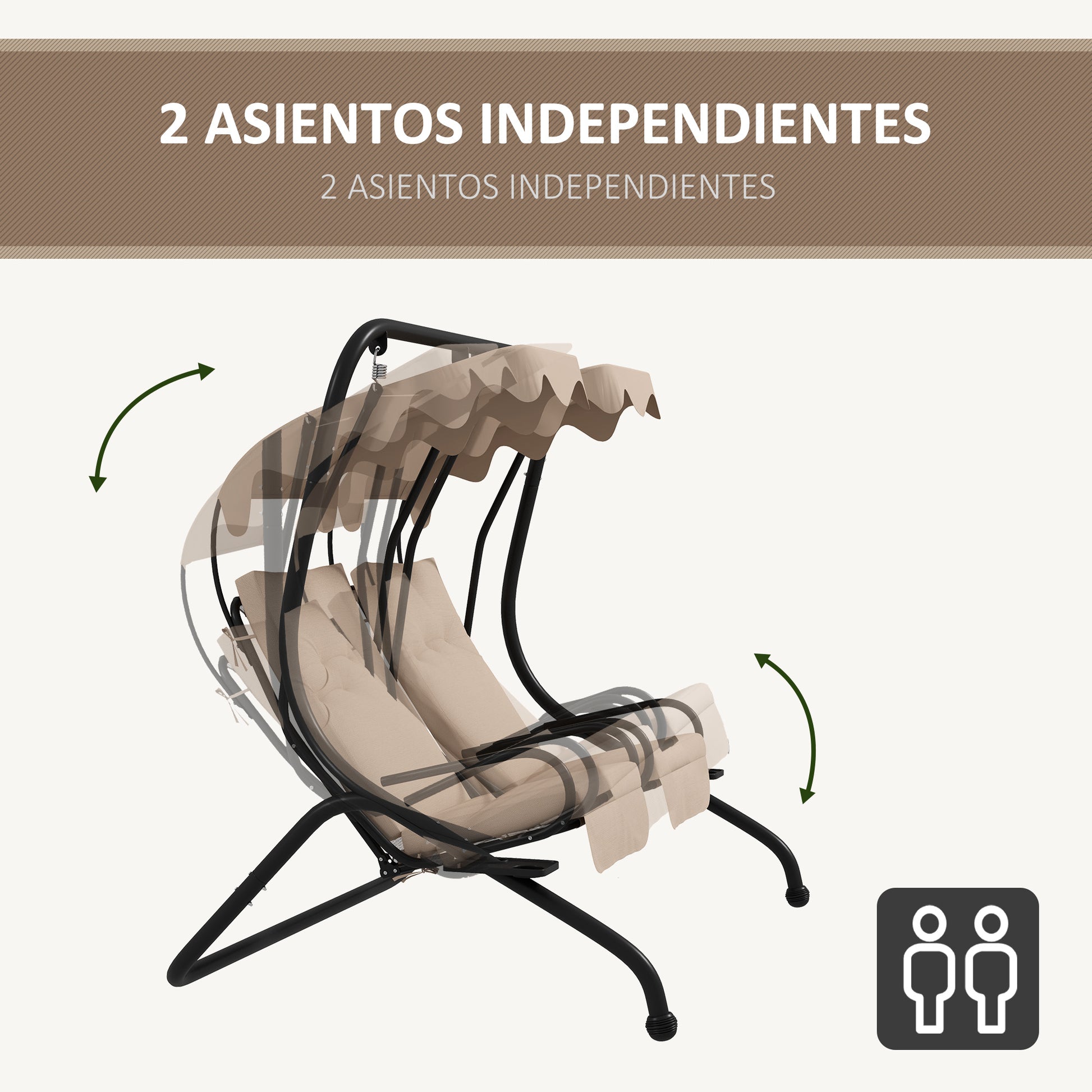 Outsunny Columpio de Jardín Exterior de 2 Plazas con Asientos Individuales Balancín de Jardín Exterior con Cojines Toldos Extraíbles Bandejas Laterales y Marco de Acero 170x136x170 cm Beige