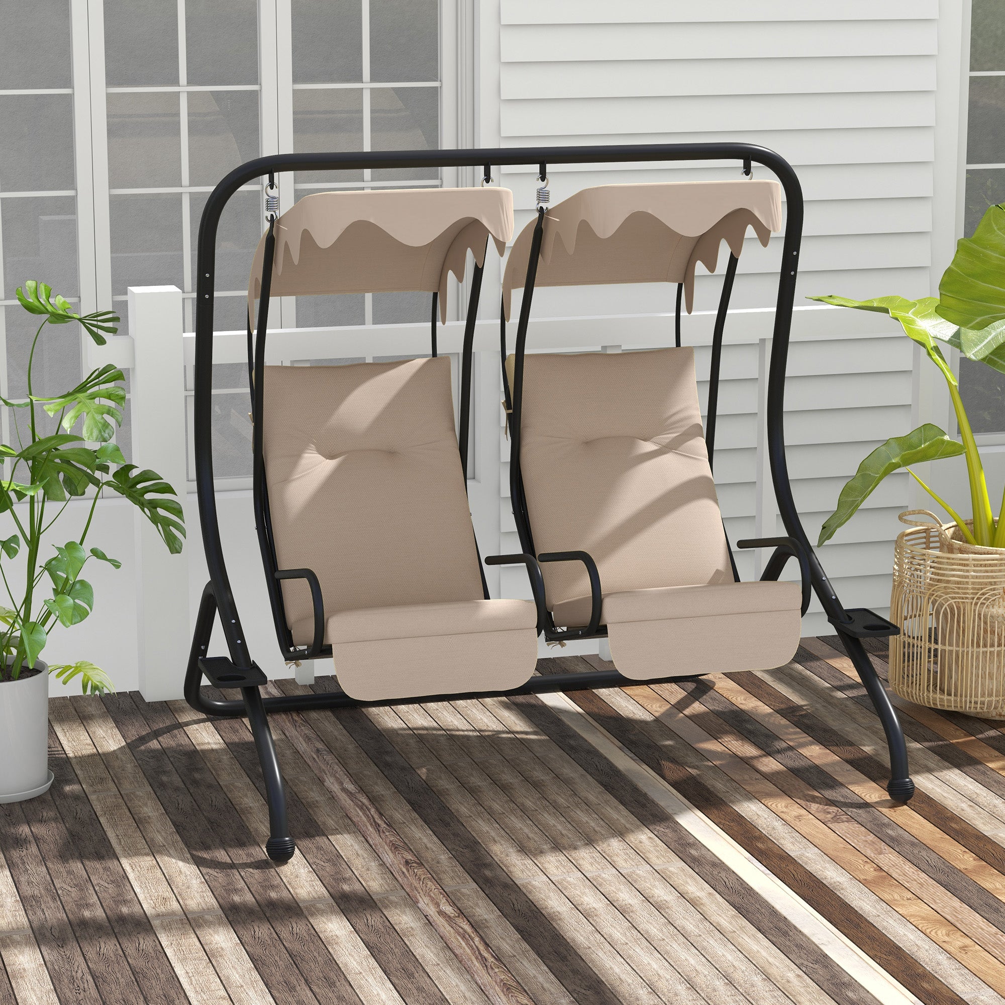 Outsunny Columpio de Jardín Exterior de 2 Plazas con Asientos Individuales Balancín de Jardín Exterior con Cojines Toldos Extraíbles Bandejas Laterales y Marco de Acero 170x136x170 cm Beige