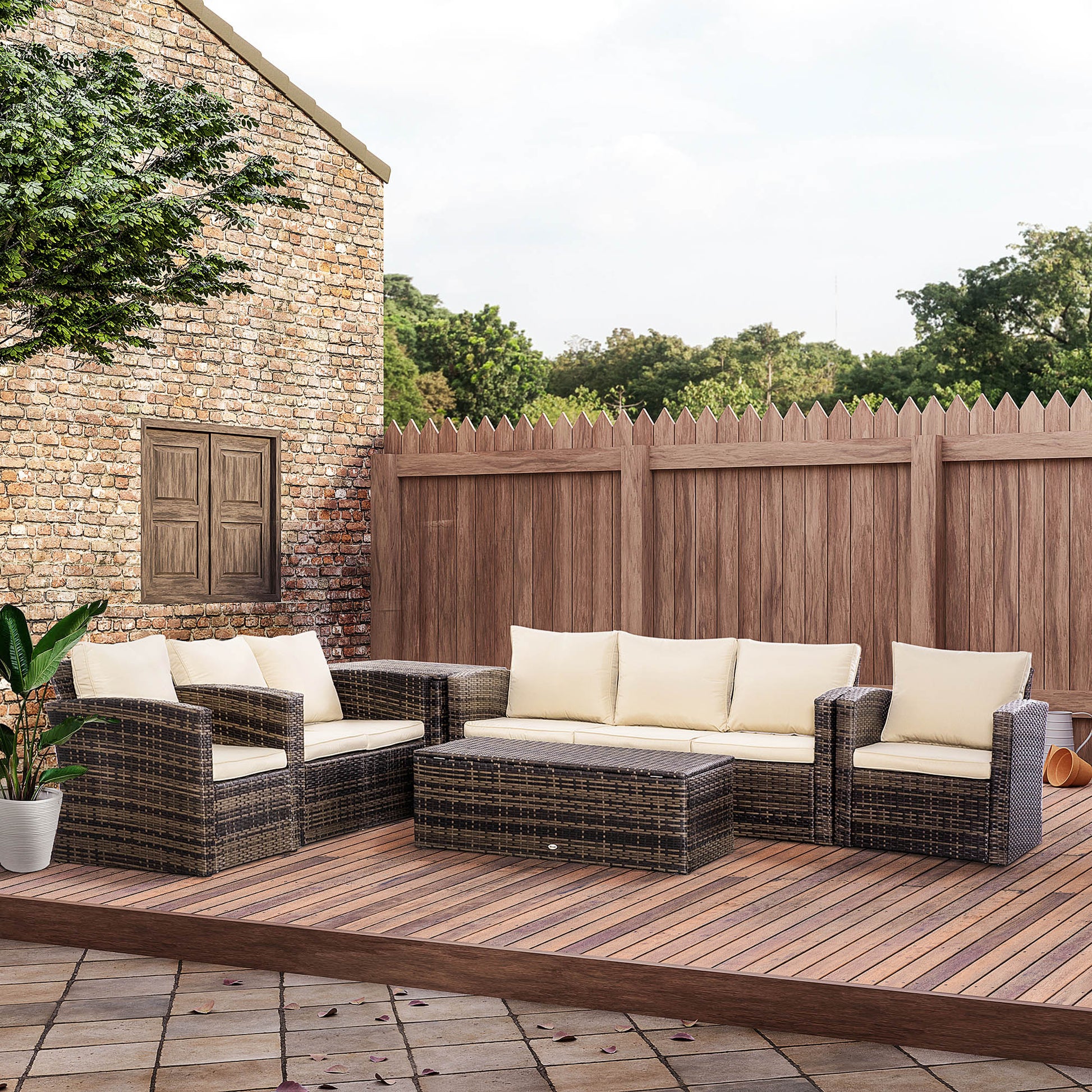 Outsunny Conjunto de Jardín Exterior de Ratán, Conjunto Terraza, Muebles Jardín Exterior 6 Piezas Incluye Cojines, Sofá Doble, Sofá 3 Plazas, 2 Sillones, 2 Mesas Auxiliares con Almacenamiento, Caqui