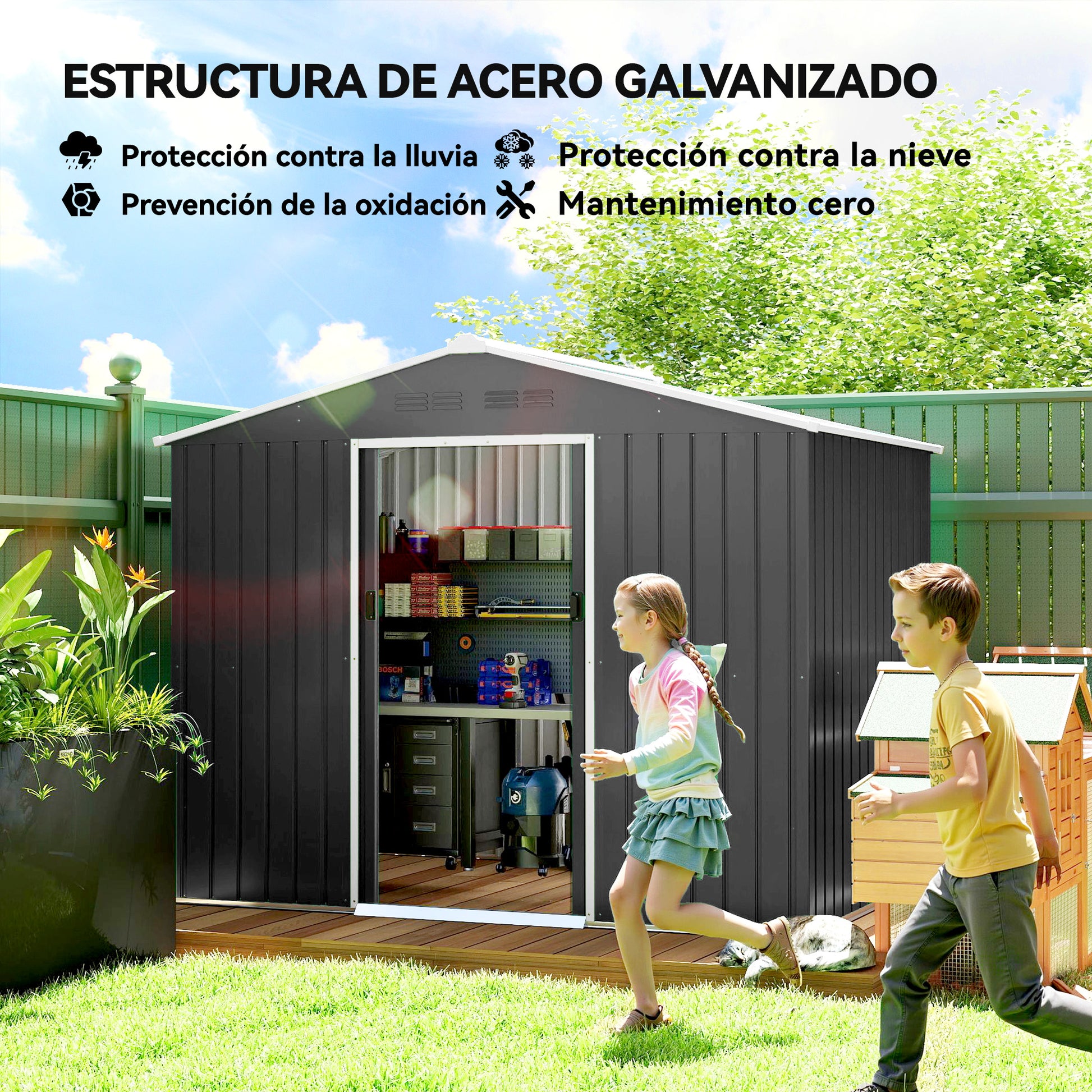 Outsunny Caseta de Jardín Exterior 3,6 m², 236x171x191 cm, Cobertizo de Jardín Exterior Metálico con Puertas Correderas y Ranuras de Ventilación, para Almacenamiento de Herramientas, Gris Oscuro