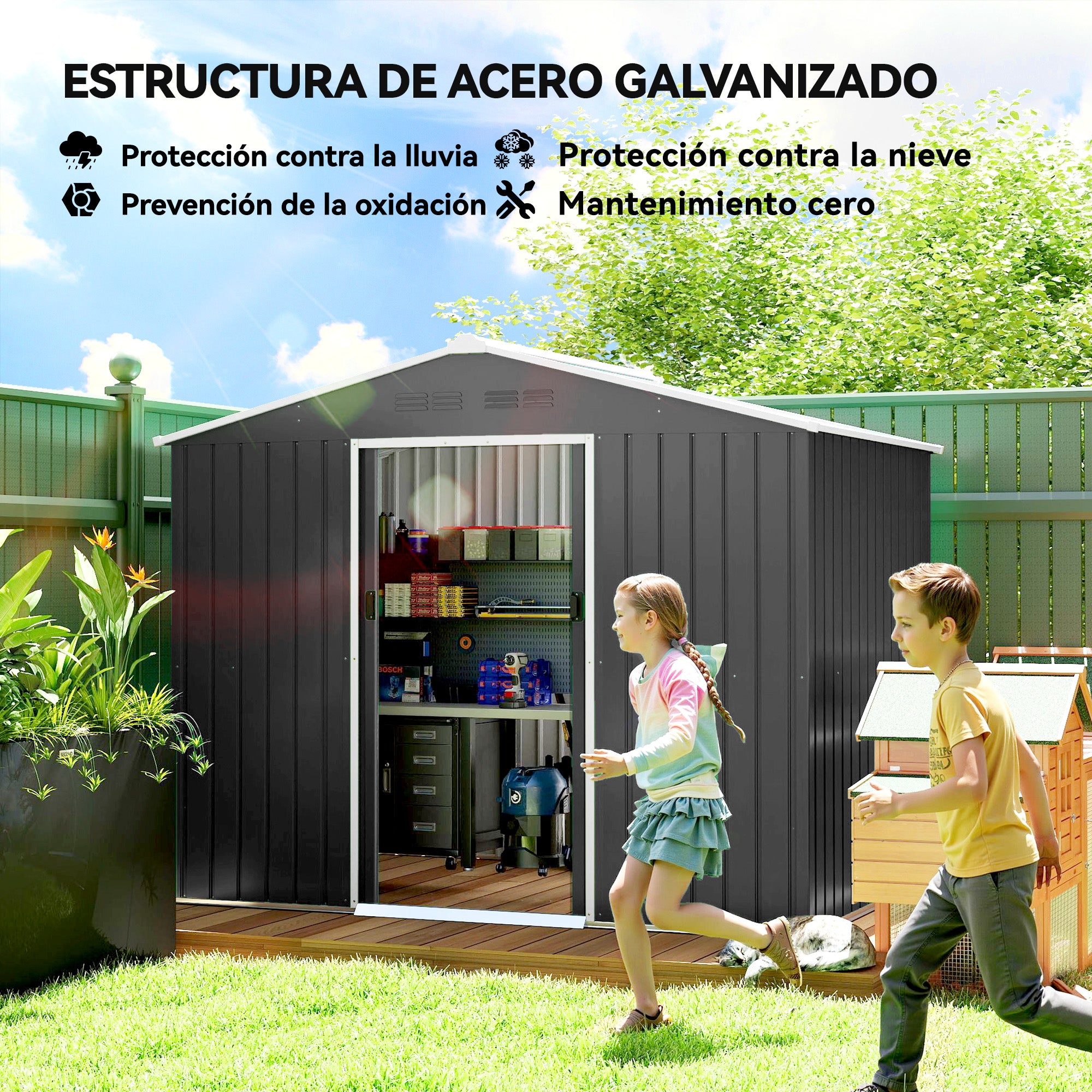 Outsunny Caseta de Jardín Exterior 3,6 m², 236x171x191 cm, Cobertizo de Jardín Exterior Metálico con Puertas Correderas y Ranuras de Ventilación, para Almacenamiento de Herramientas, Gris Oscuro