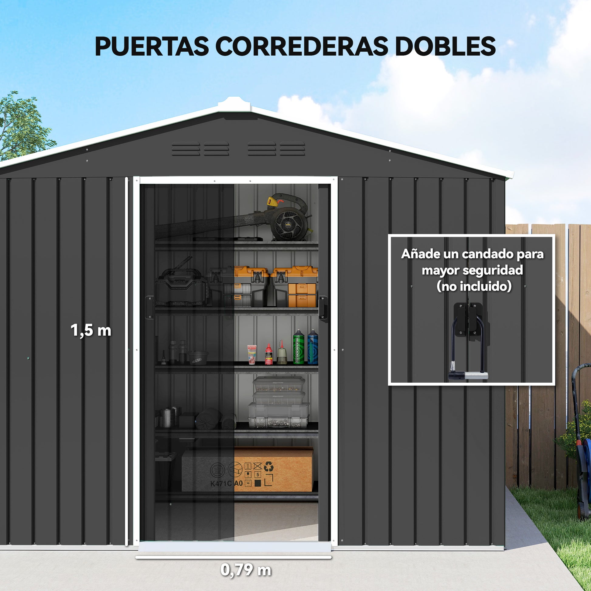 Outsunny Caseta de Jardín Exterior 3,6 m², 236x171x191 cm, Cobertizo de Jardín Exterior Metálico con Puertas Correderas y Ranuras de Ventilación, para Almacenamiento de Herramientas, Gris Oscuro
