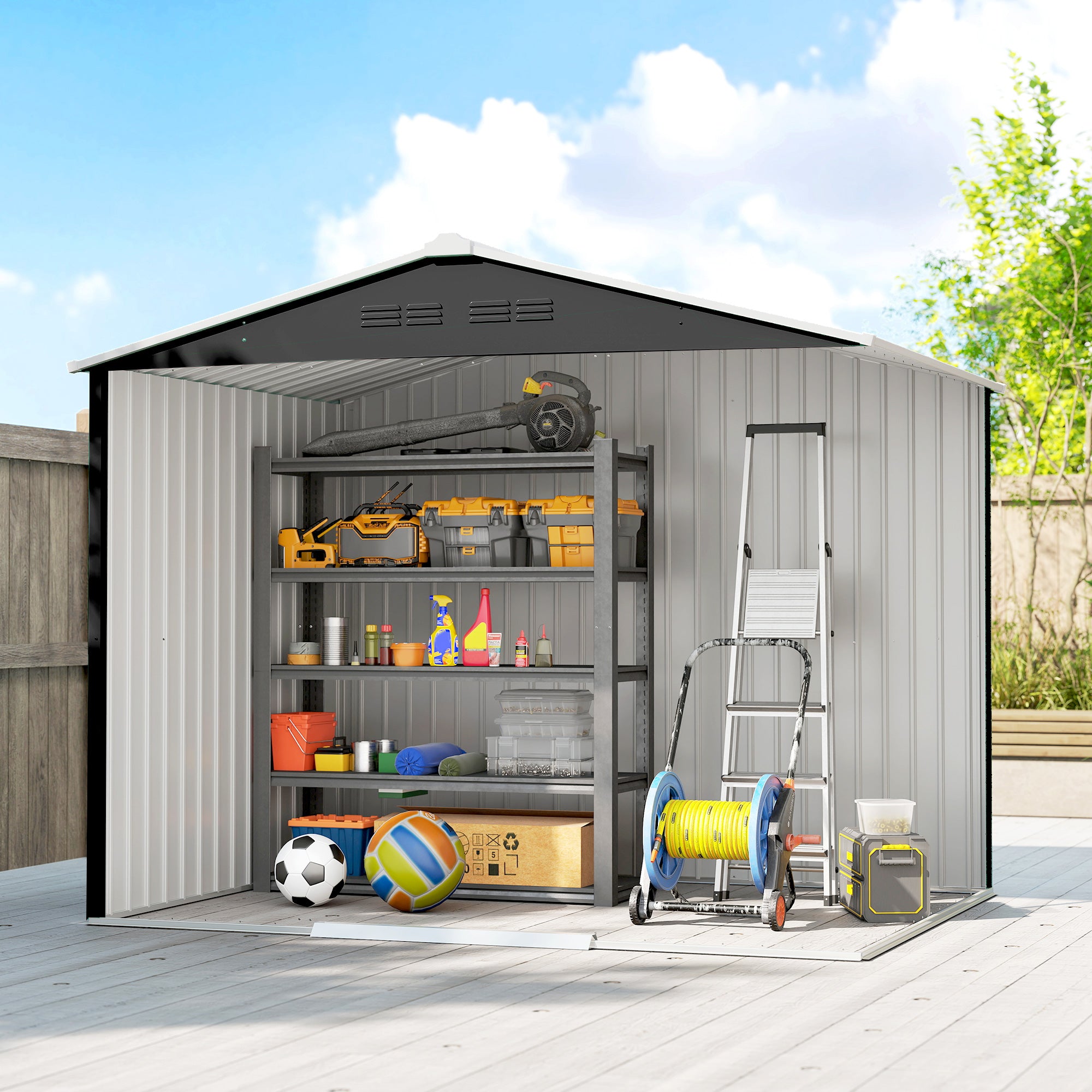 Outsunny Caseta de Jardín Exterior 3,6 m², 236x171x191 cm, Cobertizo de Jardín Exterior Metálico con Puertas Correderas y Ranuras de Ventilación, para Almacenamiento de Herramientas, Gris Oscuro