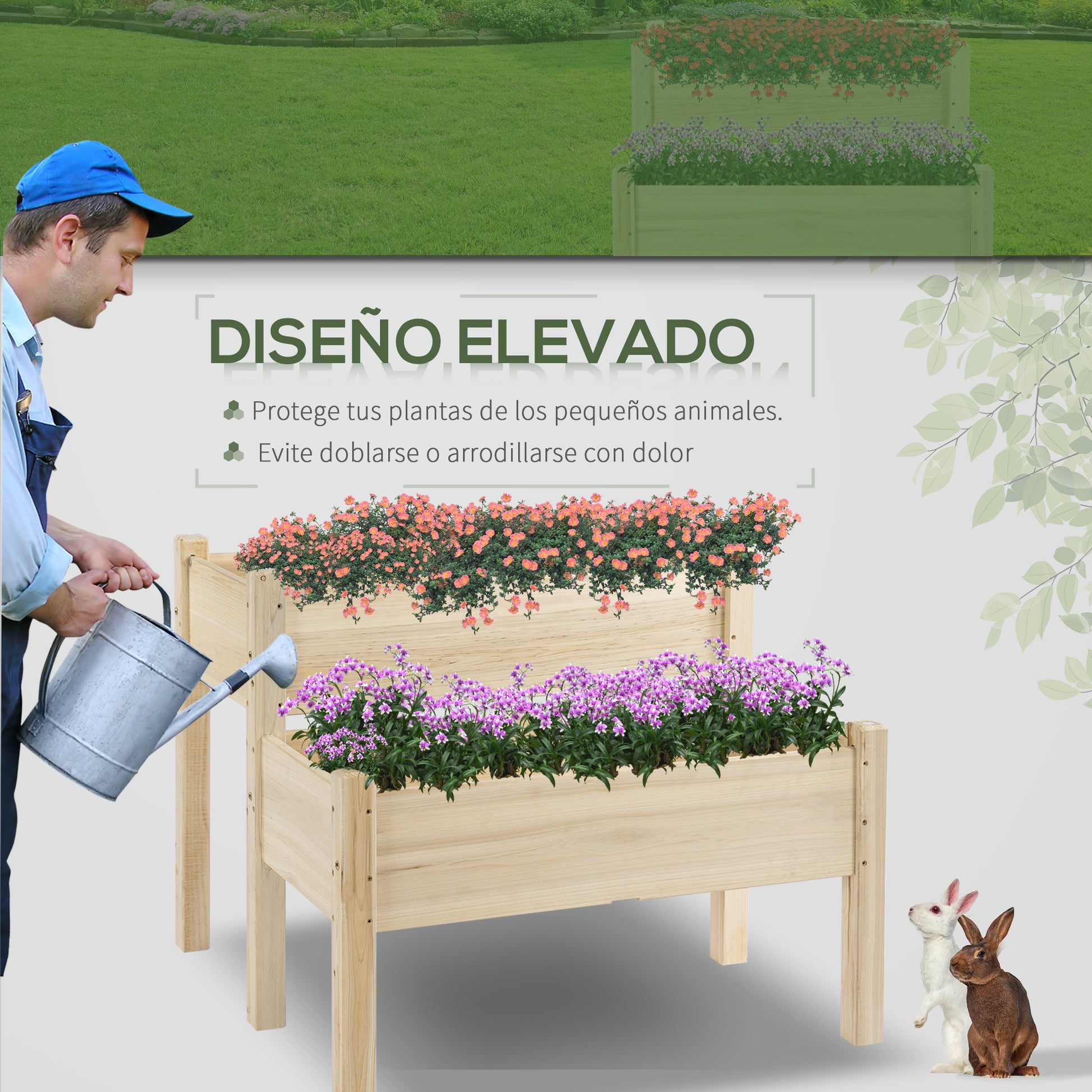 Outsunny Mesa de Cultivo Huerto Urbano Elevado de Madera de 2 Niveles Mesa de Jardinera para Cultivo Plantas Flores Verduras 86x85x72 cm Madera Natural