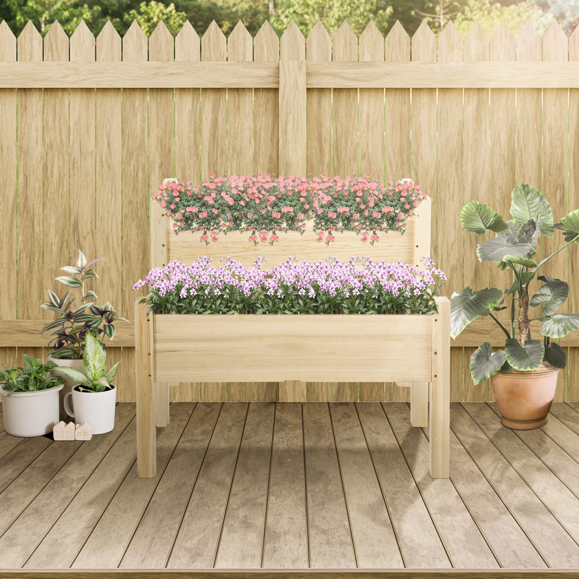 Outsunny Mesa de Cultivo Huerto Urbano Elevado de Madera de 2 Niveles Mesa de Jardinera para Cultivo Plantas Flores Verduras 86x85x72 cm Madera Natural