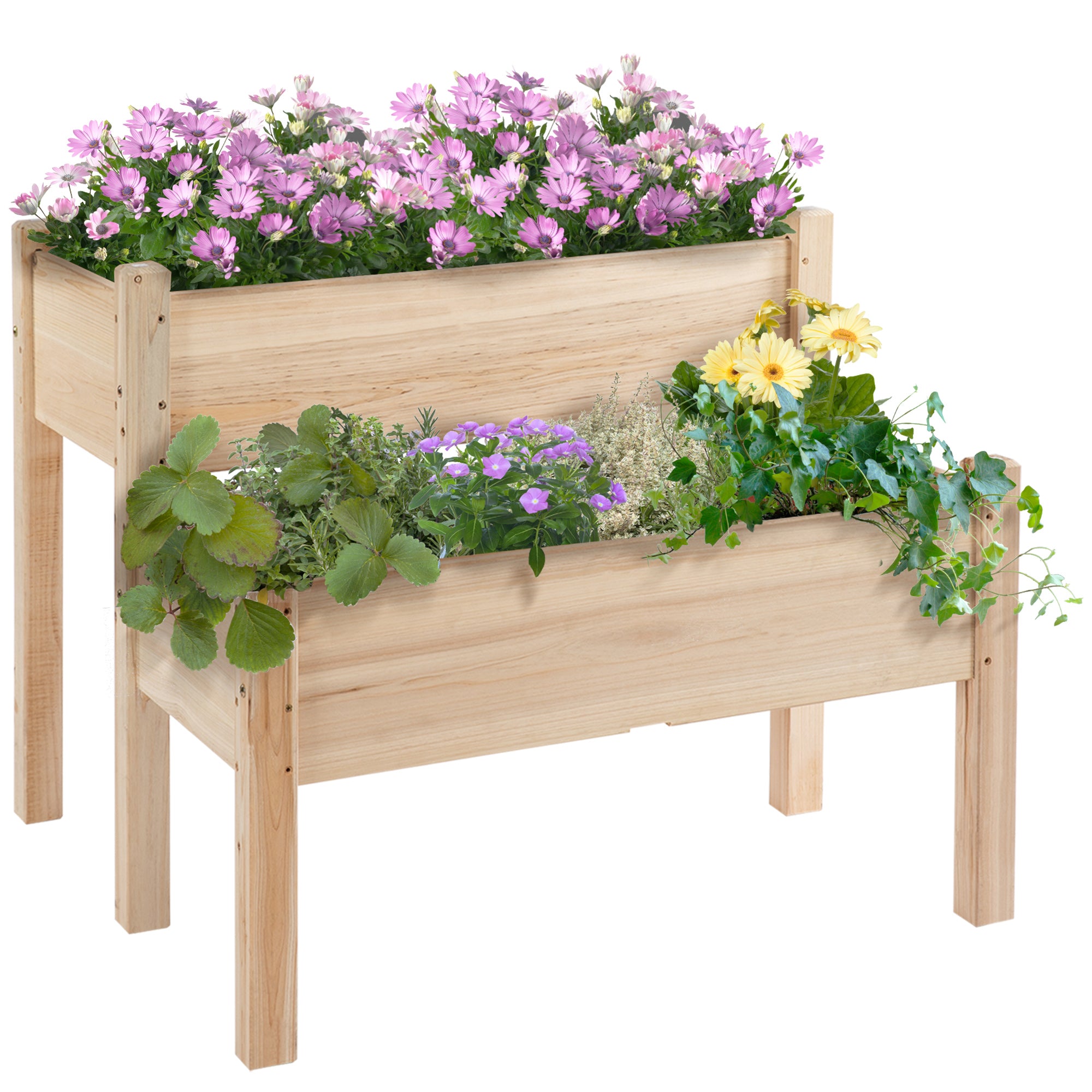 Outsunny Mesa de Cultivo Huerto Urbano Elevado de Madera de 2 Niveles Mesa de Jardinera para Cultivo Plantas Flores Verduras 86x85x72 cm Madera Natural