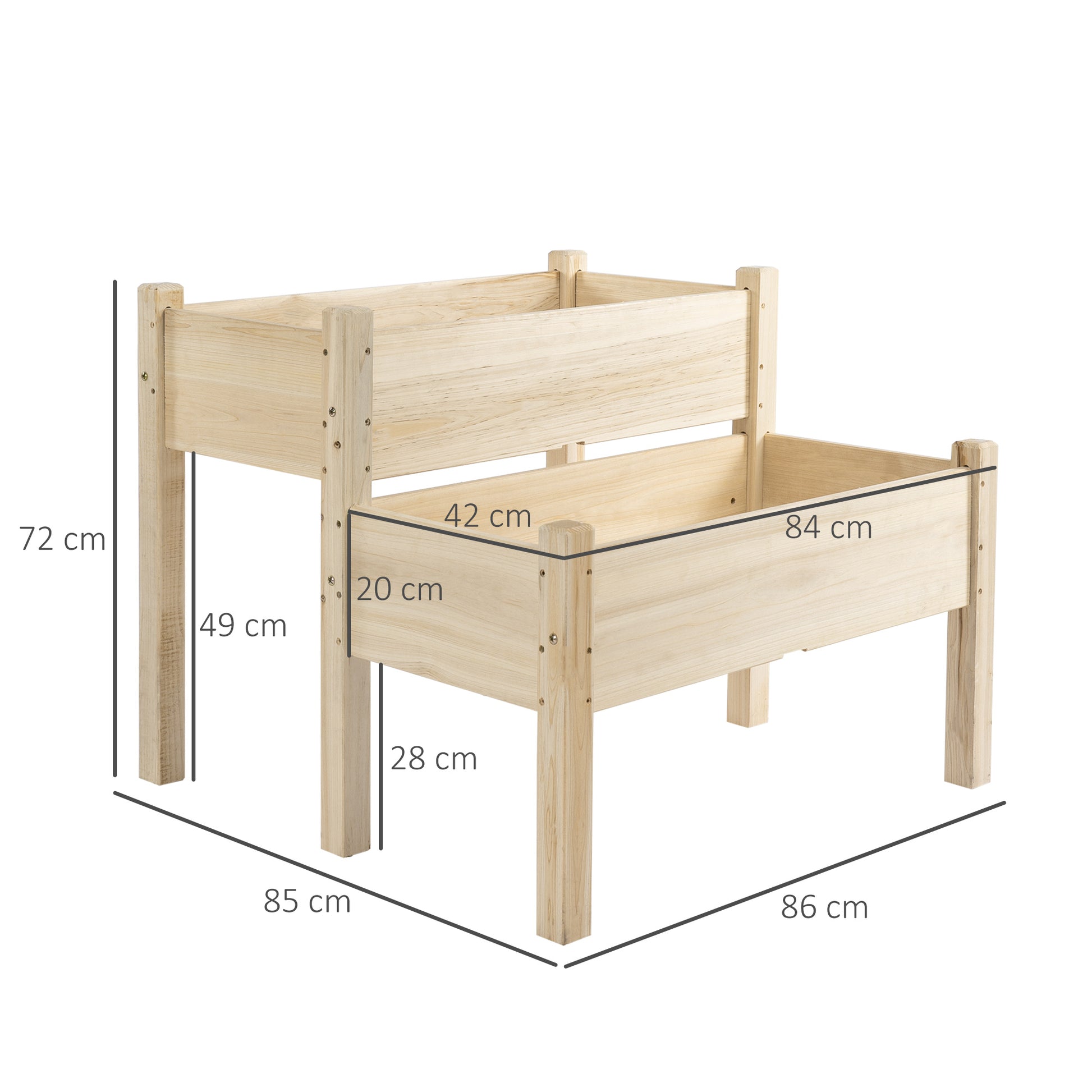 Outsunny Mesa de Cultivo Huerto Urbano Elevado de Madera de 2 Niveles Mesa de Jardinera para Cultivo Plantas Flores Verduras 86x85x72 cm Madera Natural