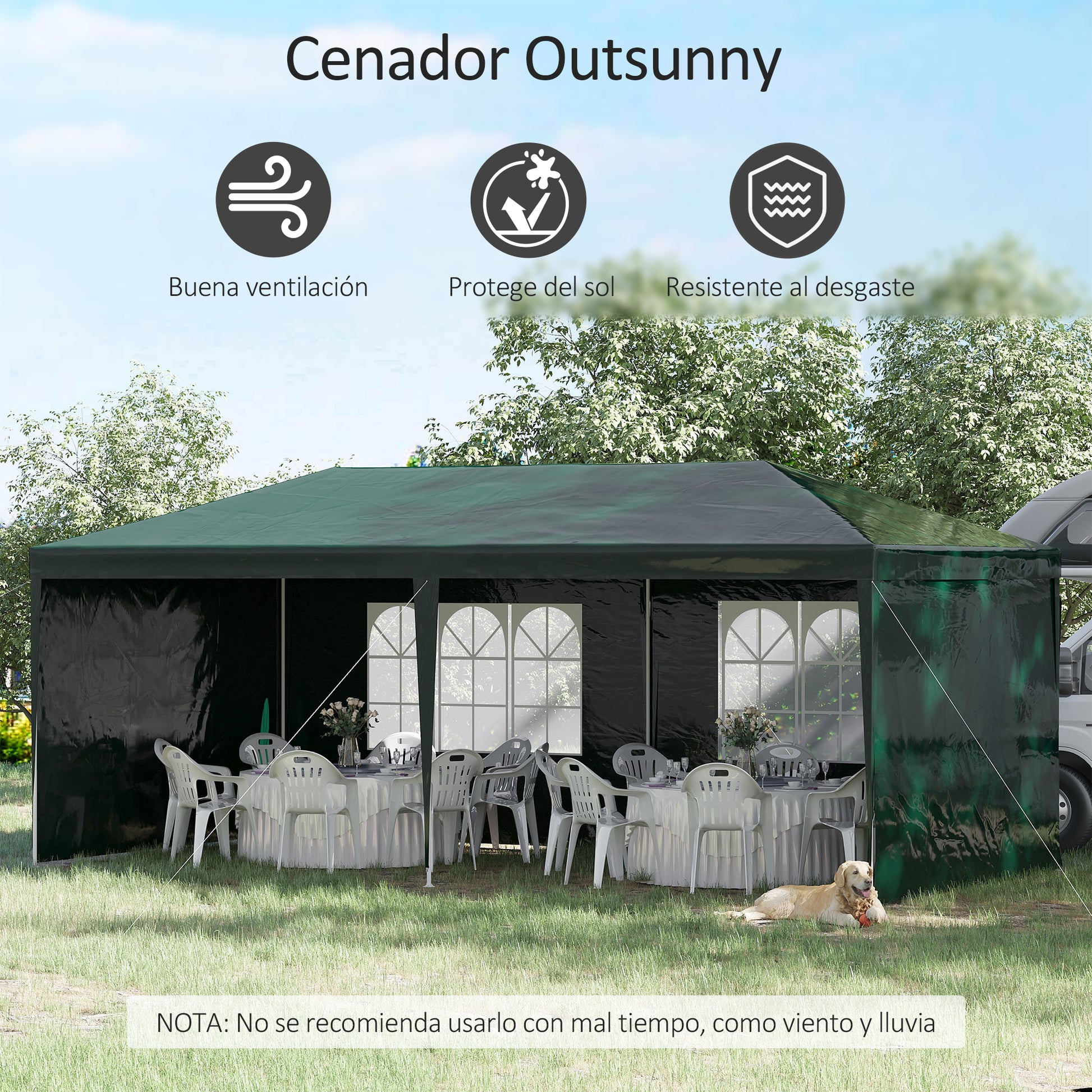 Outsunny Carpa de Jardín 6x3 m Pabellón con 4 Paredes Laterales y 2 Ventanas Visibles Anti-UV Impermeable Cenador Gazebo de Exterior con Marco de Acero para Fiestas Eventos Bodas Verde