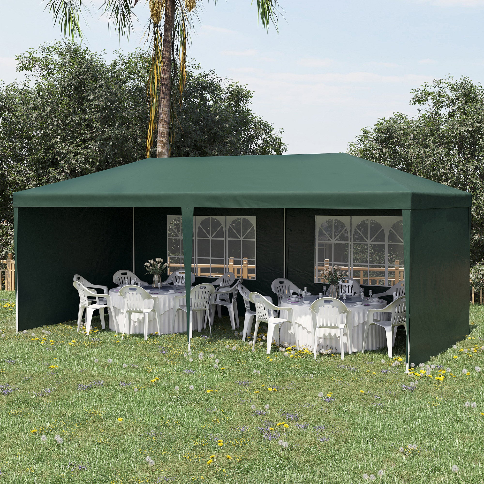 Outsunny Carpa de Jardín 6x3 m Pabellón con 4 Paredes Laterales y 2 Ventanas Visibles Anti-UV Impermeable Cenador Gazebo de Exterior con Marco de Acero para Fiestas Eventos Bodas Verde