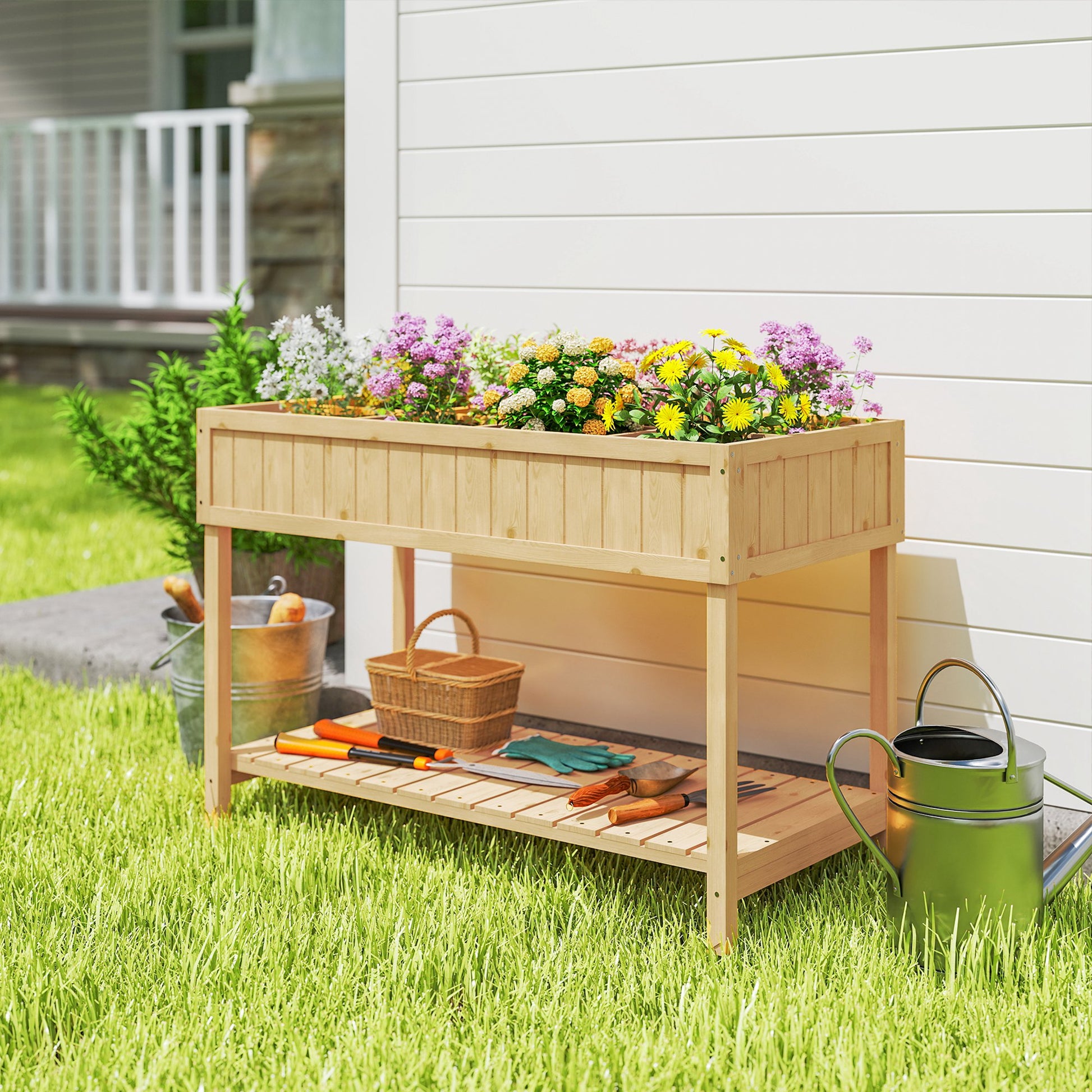 Outsunny Huerto Urbano de Madera, Mesa de Cultivo con Estante Inferior, Jardinera Elevada para Cultivo, Plantas, Flores y Verduras, 110x46x76 cm, Natural