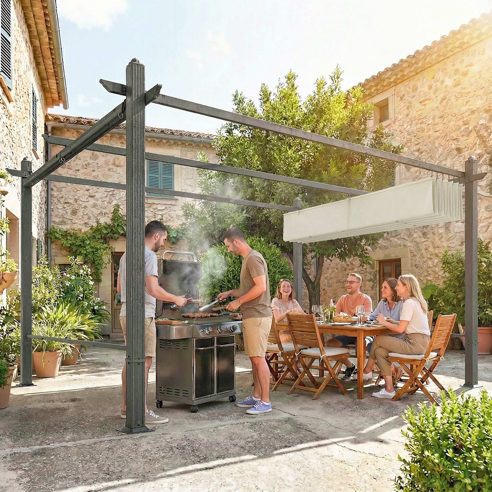 Outsunny Pérgola de Jardín 4x3 m con Techo Retráctil y 4 Cortinas Enrollables Automáticas, Cenador de Jardín con Protección UV50+, Estructura de Aluminio, Drenaje, Pabellón para Exterior, Crema