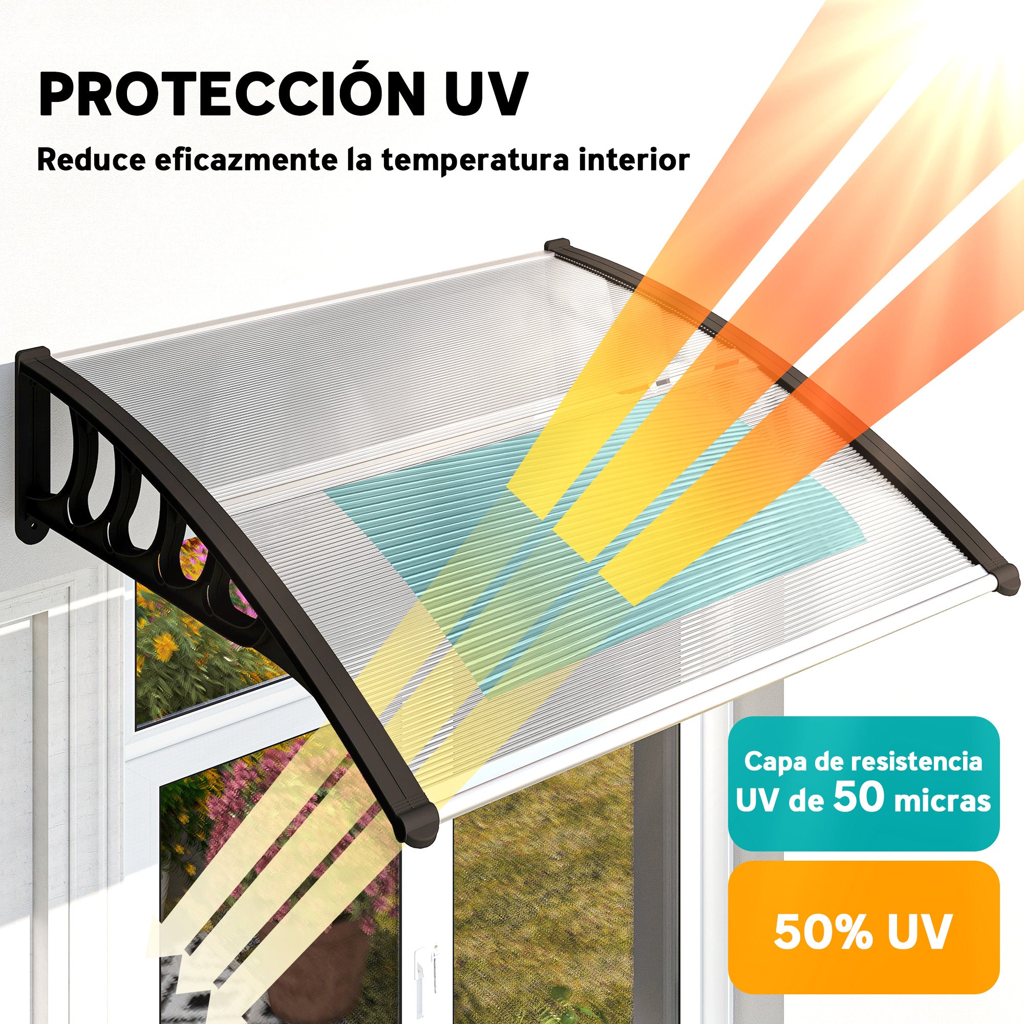 Outsunny Marquesinas Exterior para Puertas y Ventanas, 103x96,5 cm, Tejadillo de Protección contra Sol y Lluvia, con Cubierta de Policarbonato, Soportes de PP y Regleta de Aluminio, Transparente