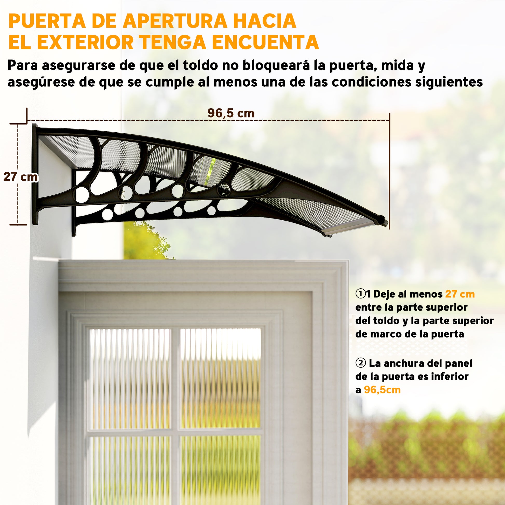 Outsunny Marquesinas Exterior para Puertas y Ventanas, 103x96,5 cm, Tejadillo de Protección contra Sol y Lluvia, con Cubierta de Policarbonato, Soportes de PP y Regleta de Aluminio, Transparente