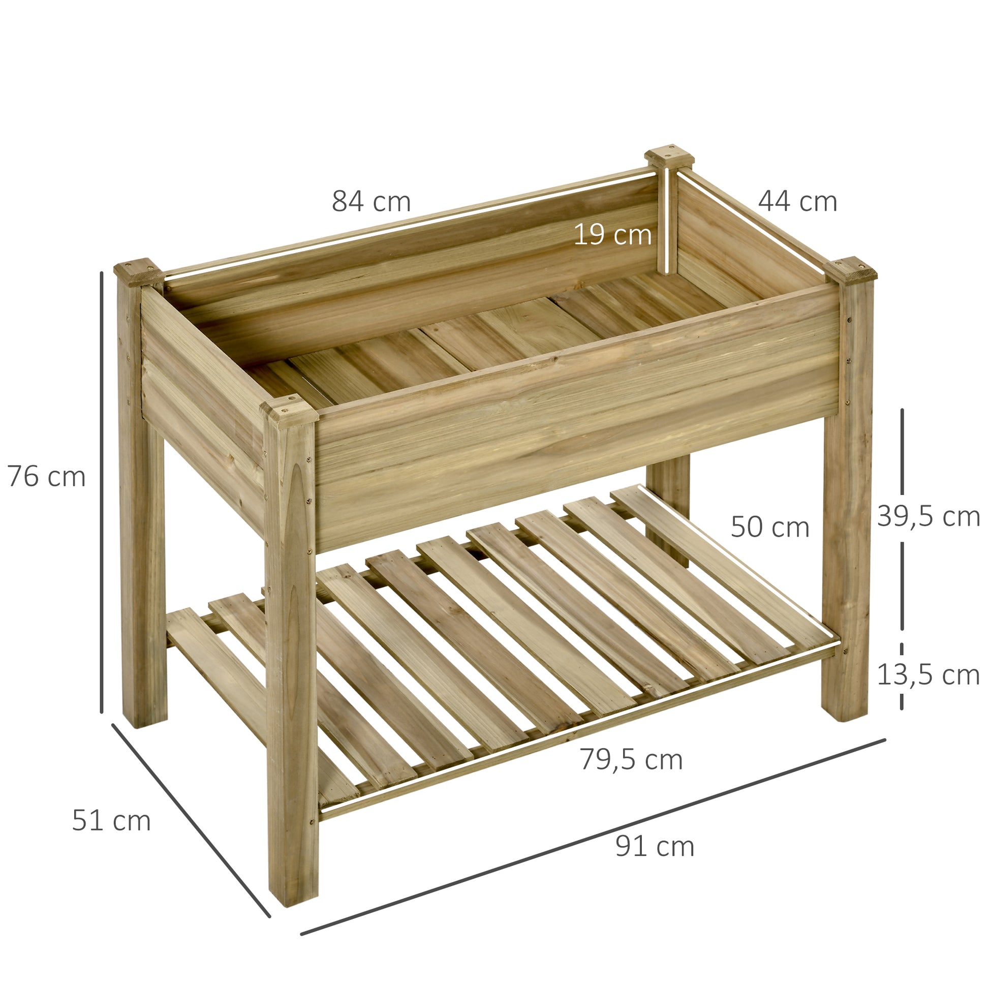 Outsunny Huerto Urbano de Madera con Estante 91x51x76 cm Mesa de Cultivo Rectangular con Orificios de Drenaje para Cultivos Plantas Jardín Terraza Exterior Color Natural