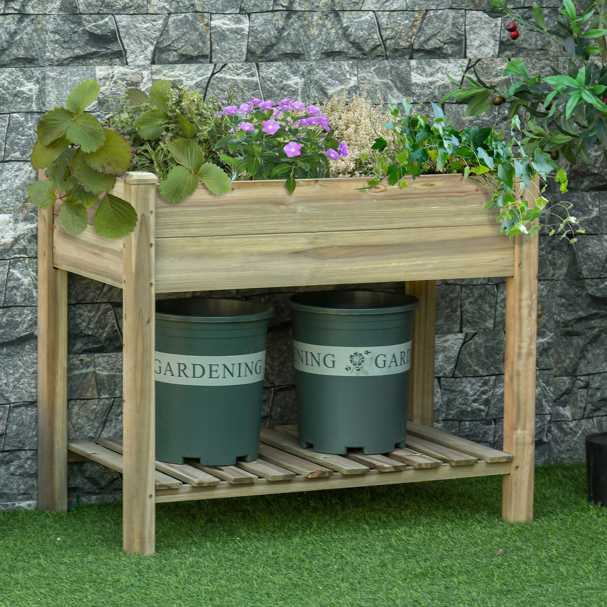Outsunny Huerto Urbano de Madera con Estante 91x51x76 cm Mesa de Cultivo Rectangular con Orificios de Drenaje para Cultivos Plantas Jardín Terraza Exterior Color Natural
