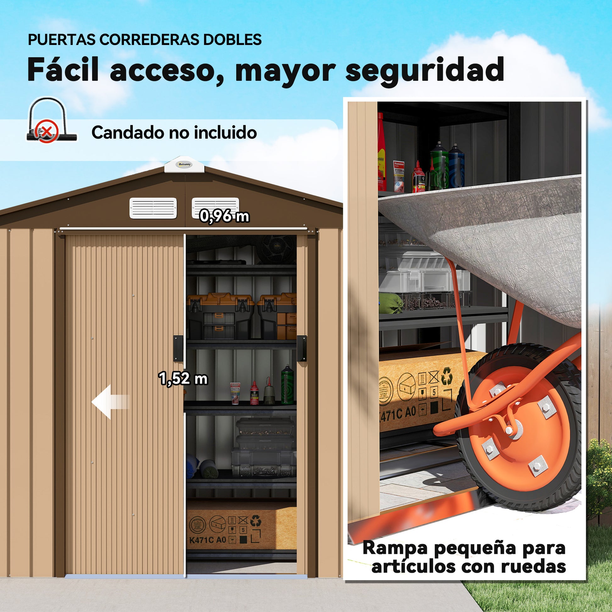 Outsunny Caseta de Jardín Exterior 2,42 m², 213x130x185 cm, Cobertizo de Jardín Exterior Metálico con Puertas Correderas, Ventilación y Kit de Fundación, para Almacenamiento de Herramientas, Amarillo