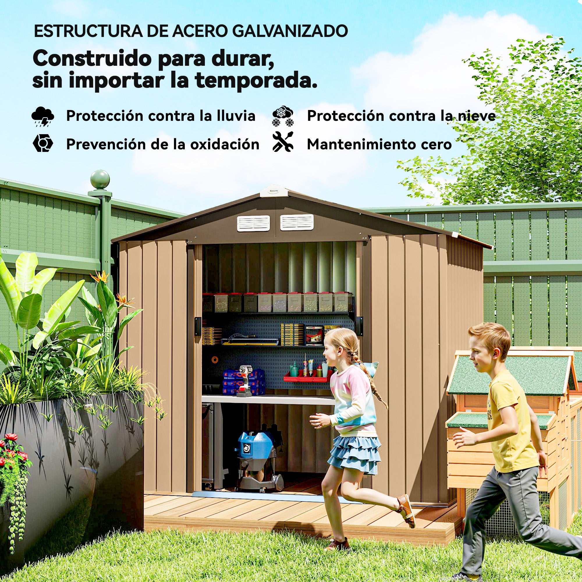 Outsunny Caseta de Jardín Exterior 2,42 m², 213x130x185 cm, Cobertizo de Jardín Exterior Metálico con Puertas Correderas, Ventilación y Kit de Fundación, para Almacenamiento de Herramientas, Amarillo