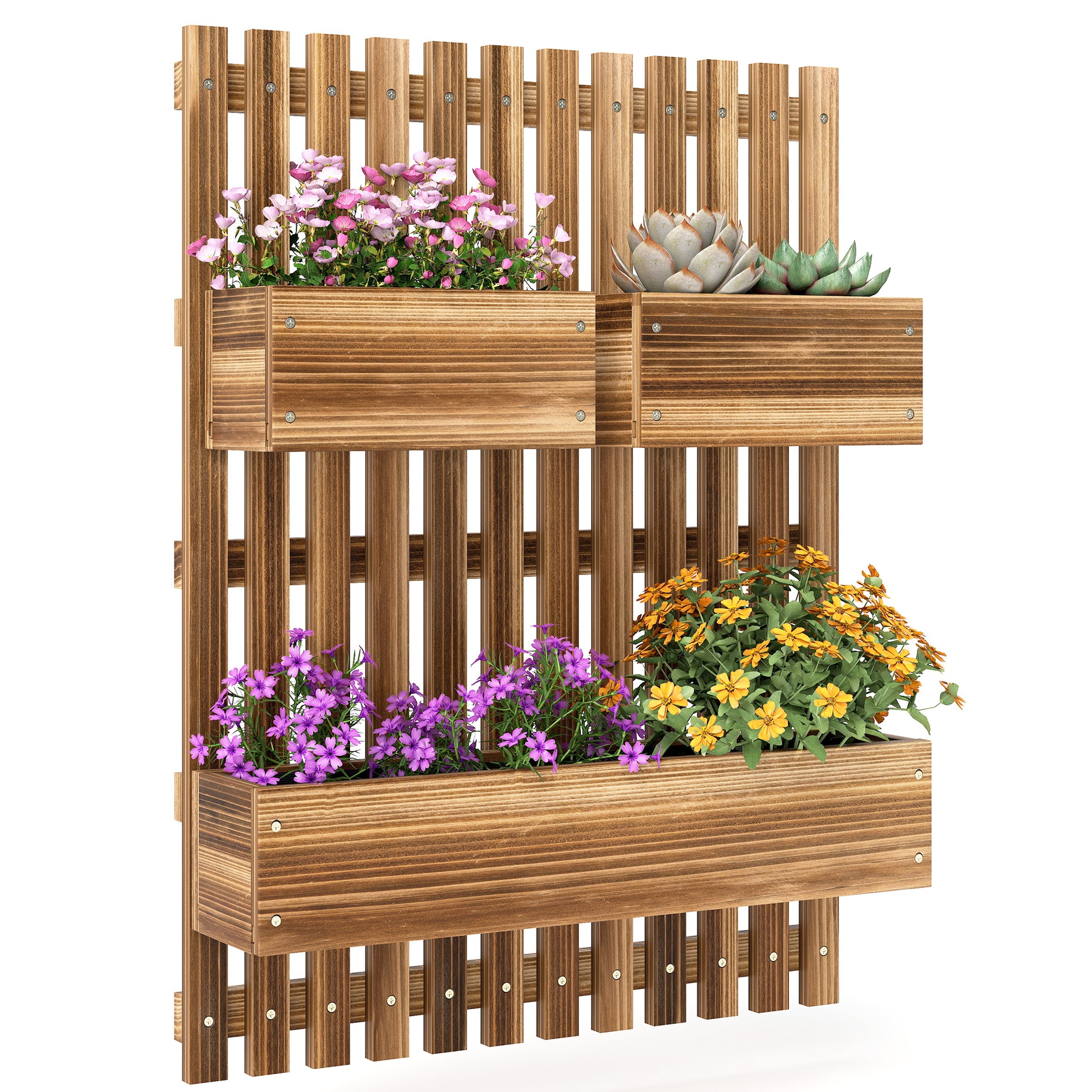 Outsunny Jardinera de Pared con Enrejado, Jardinera Exterior Grande de Madera con 3 Macetas Móviles y Orificio de Drenaje, para Exterior, Jardín, Terraza, Patio, 60x16x80 cm, Carbonizado